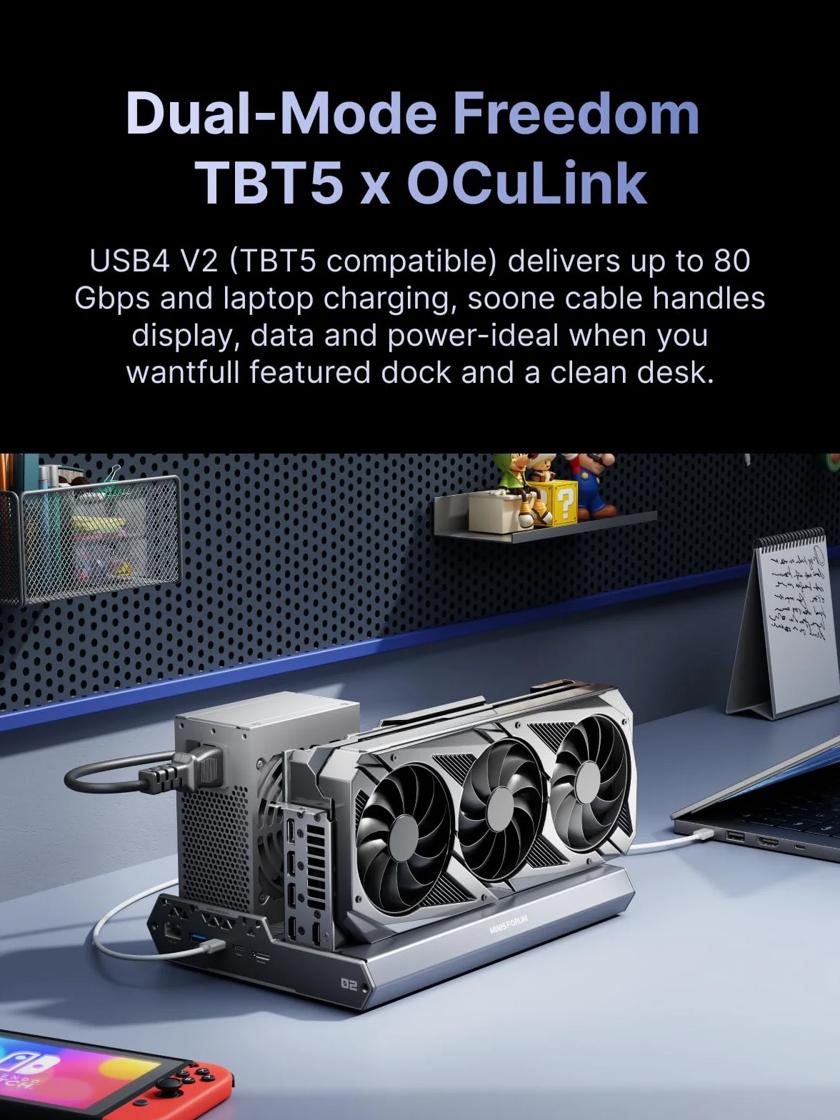 MINISFORUM DEG2 Thunderbolt 5 80Gbps 140W Base de expansión OCuLink eGPU PCIe x16 M.2 NVMe ATX/SFX