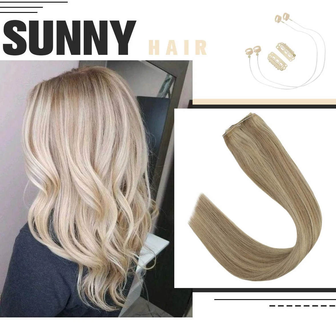 Sunny Invisible Halo Weft Extensiones de Cabello Natural Hilo 20 Pulgadas 100% Cabello Humano Real Extensions 100g Highlight Rubio Dorado con Medio 16/22#