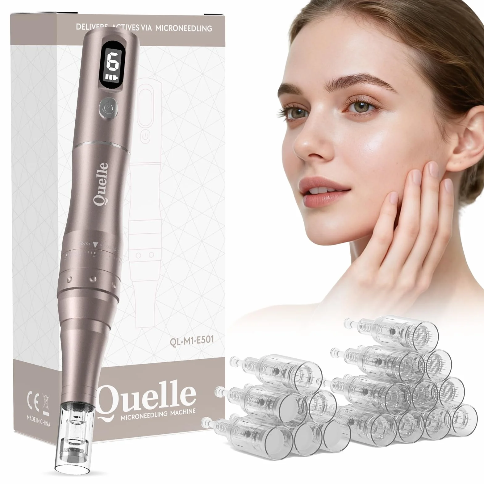 QUELLE Dermapen Profesional Kit Completo - Eléctrico Microneedling Pen con Pantalla LED, 6 Niveles de Velocidad y 16 Cartuchos