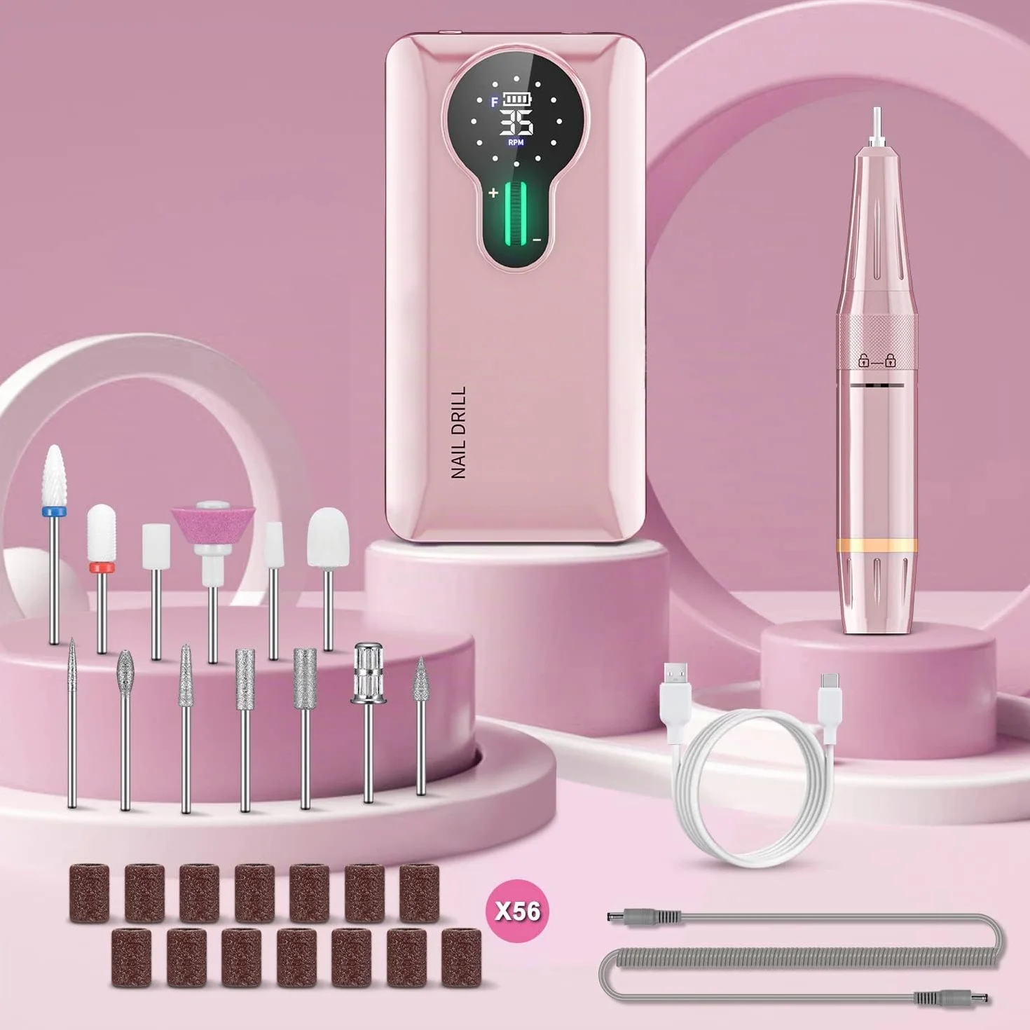 Torno para Uñas Profesional 35000 RPM, Autonomía 20H Lima Eléctrica Inalámbrica para Uñas de Gel y Acrílico, Kit con 13 Brocas y 56 Bandas de Lija, Pantalla LCD, Rosa (S506)