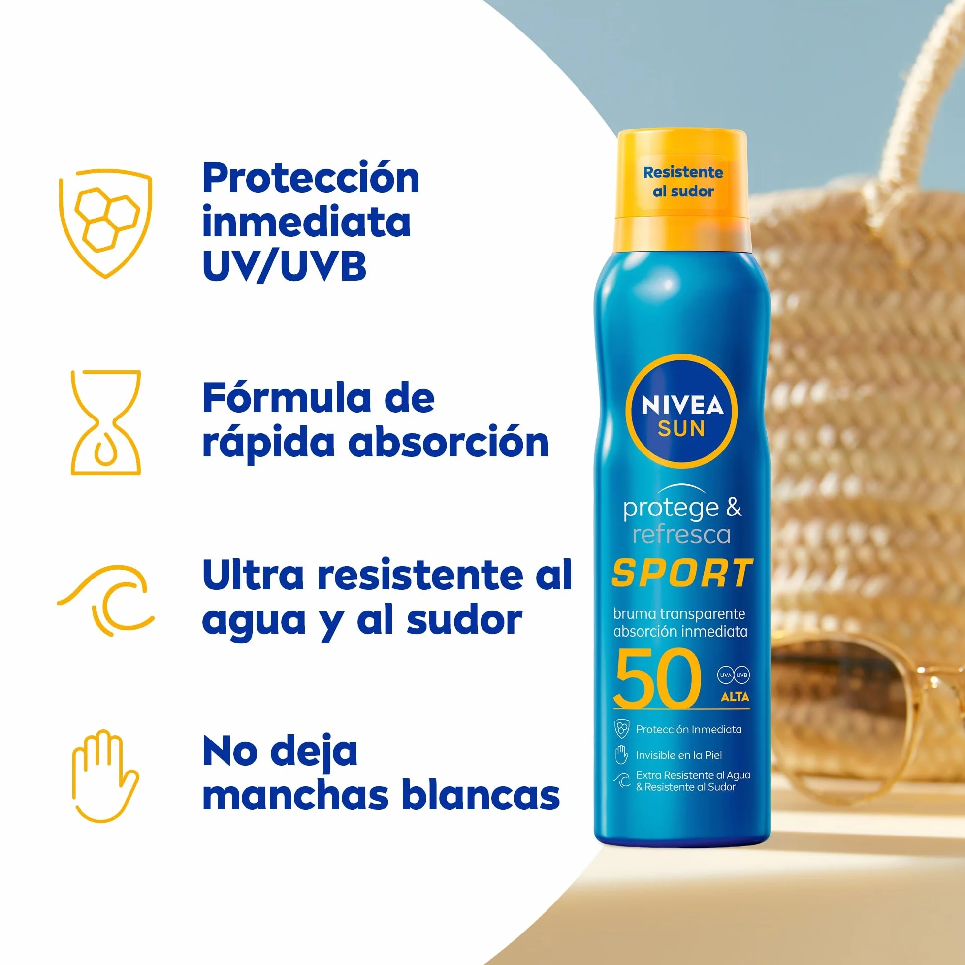 NIVEA SUN Protege & Refresca Spray Bruma Solar FP50 200 ml Protector Solar Transparente Resistente al Agua
