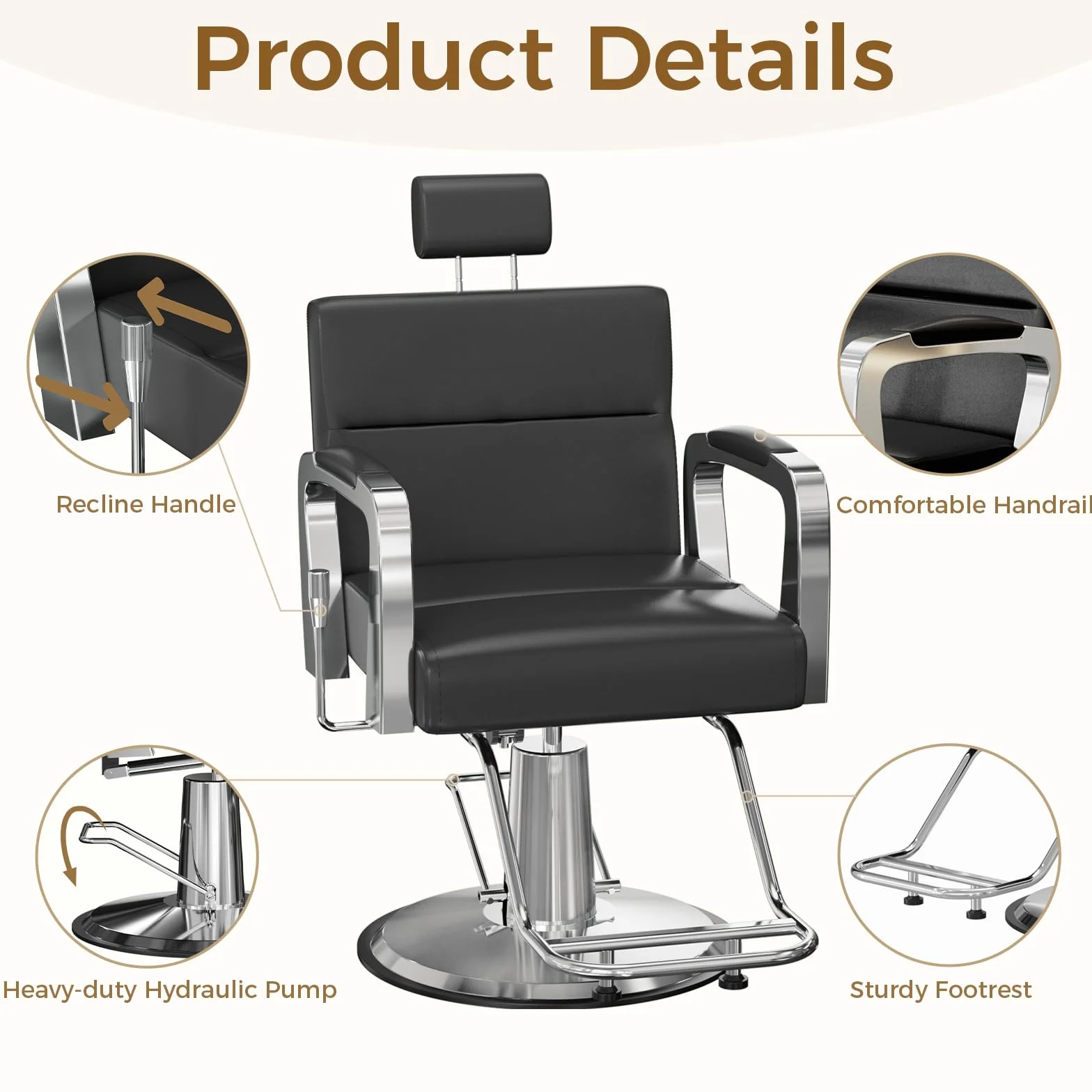 Sillón de Peluquería Hidráulico Reclinable Altura Ajustable 360° 61x52x100-113 cm Negro