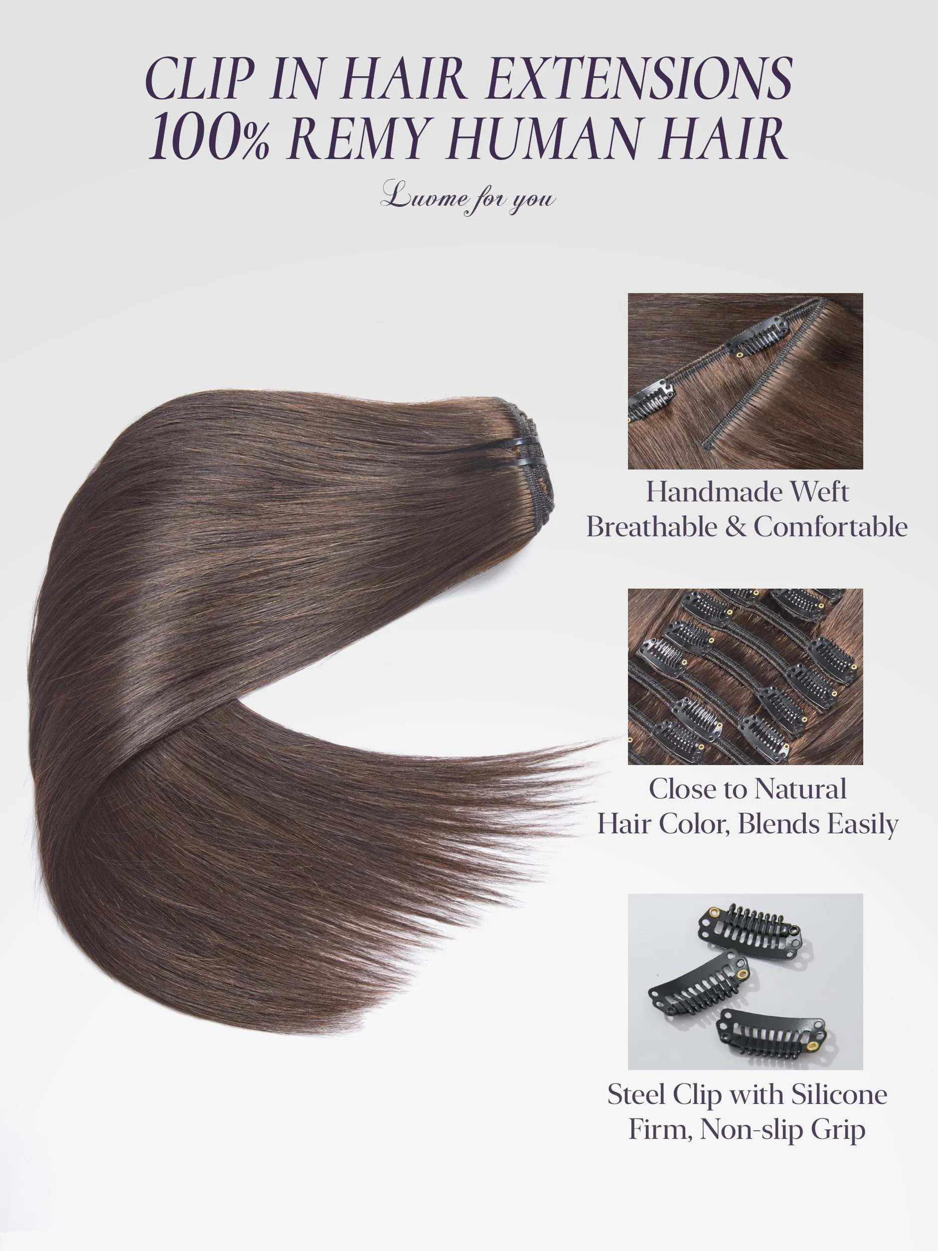 LUVME Extensiones de cabello humano hechas a mano con clip, 18 pulgadas, 120 g, 7 unidades, color marrón moca, lacio, doble trama, sin costuras, para una cobertura completa