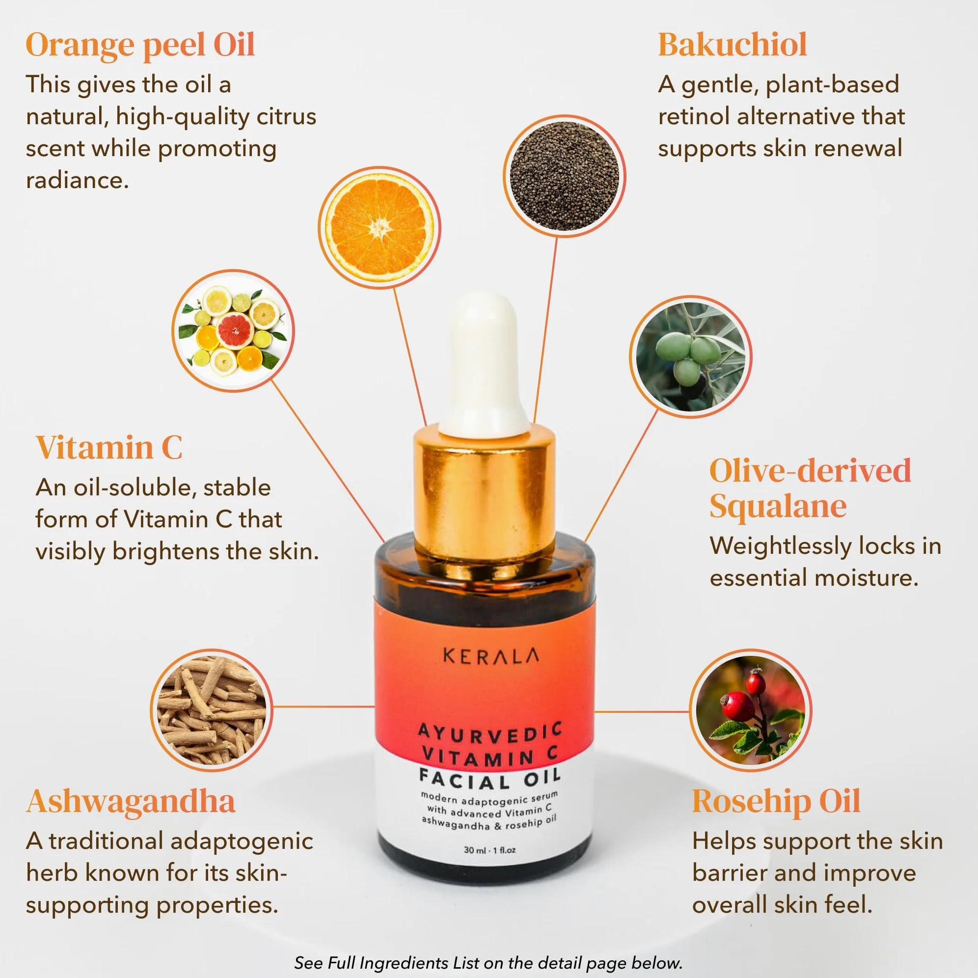 Aceite ayurvédico de vitamina C, suero de vitamina C iluminador de la piel con aceite de rosa mosqueta, ashwagandha, escualano, aceite facial hidratante - aceite facial no graso - aceite puro de