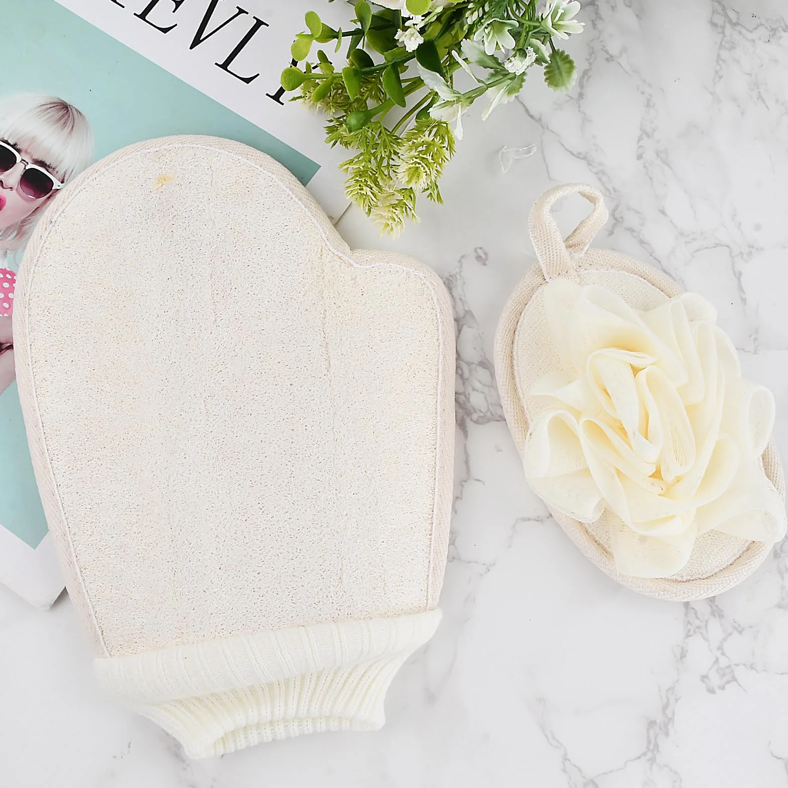 Guantes Exfoliantes de Luffa Natural para Ducha y Spa, Exfoliación Corporal y Facial