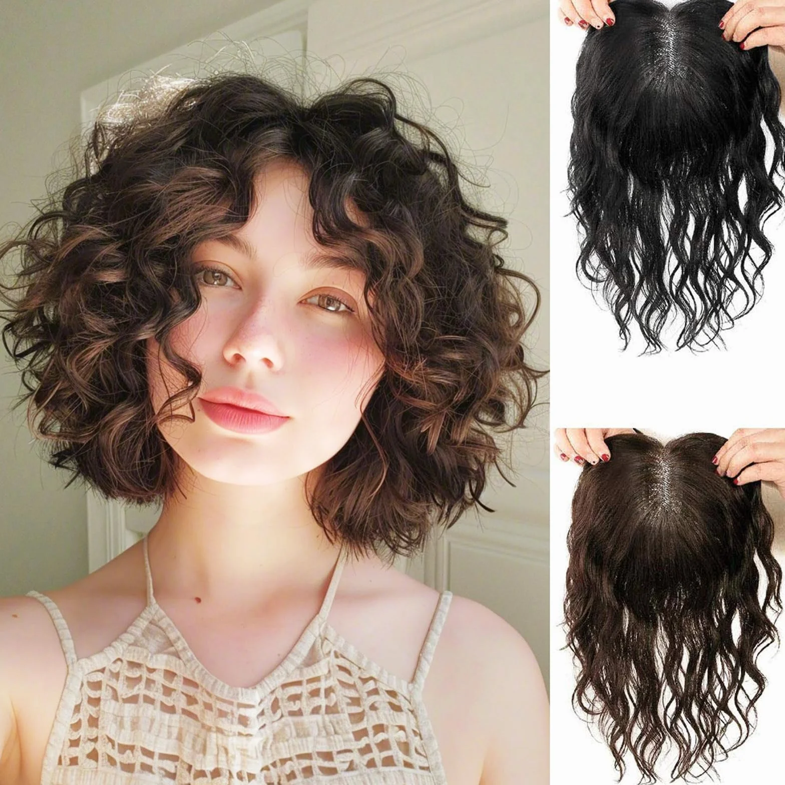 Postizo de cabello humano ondulado atado a mano en forma de U de 3.5x5.5", cobertura capilar para mujeres con cabello fino, postizo de reemplazo con clip de 16", extensiones de cabello humano rizado