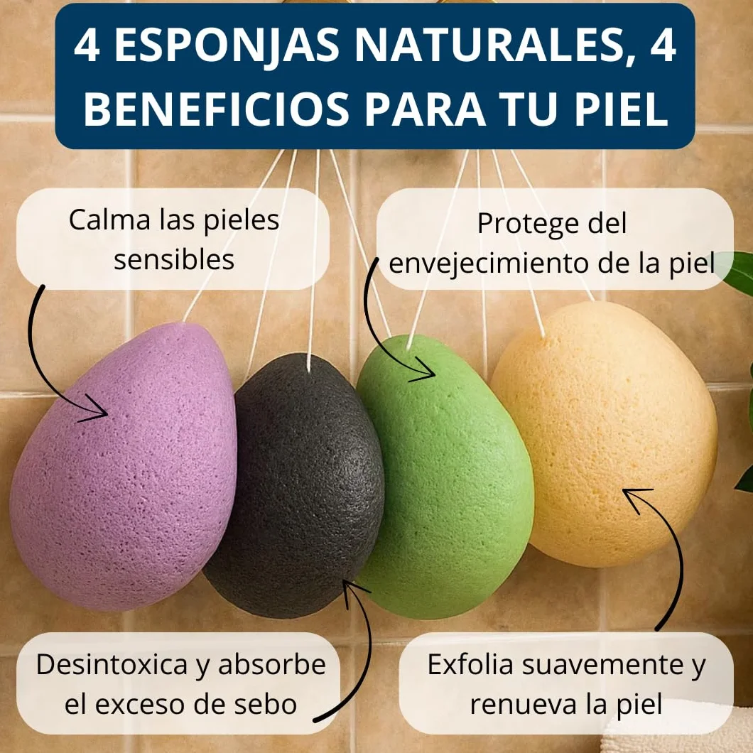 Esponjas faciales de Konjac té verde carbón vegetal lavanda cáscaras de nuez Juego de 4 gotas limpiadora natural