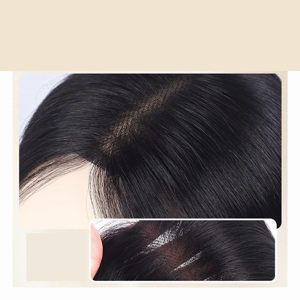 Topper para cabello humano para mujer, base de encaje suizo 9 × 14 cm, clip para cabello liso Remy extensiones de cabello (negro natural, 12 pulgadas)