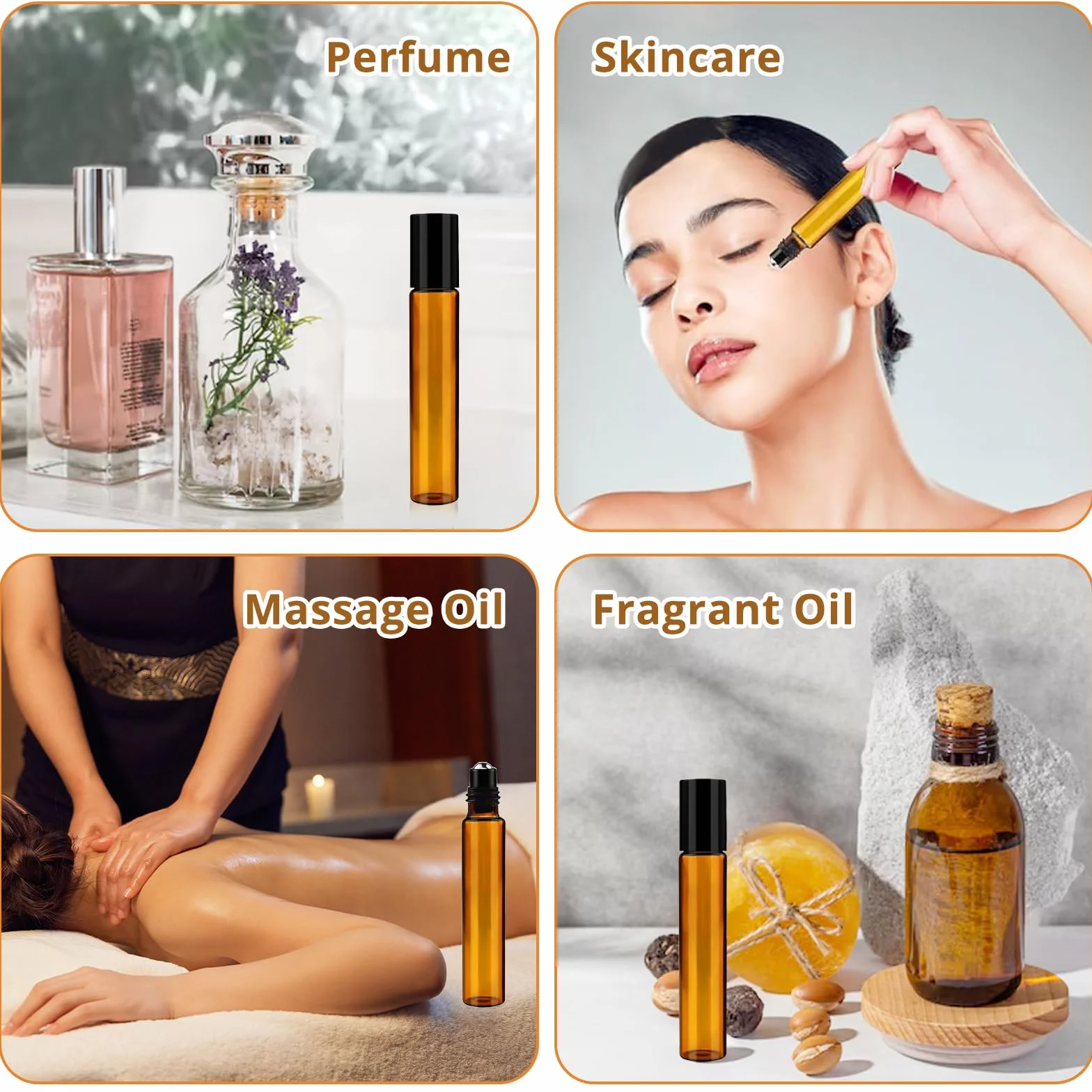 Botellas Roll On Cristal 10ml con Bola de Acero Inoxidable, Rellenable para Aceites Esenciales y Perfumes