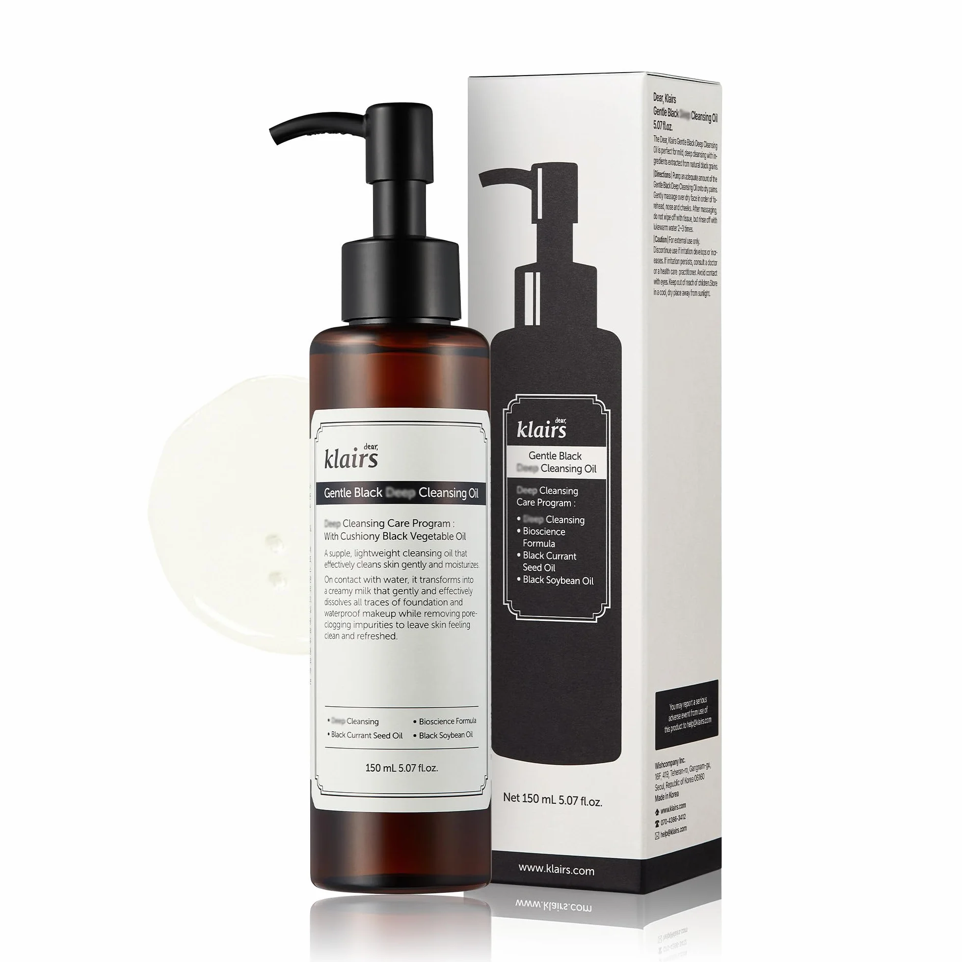 DearKlairs Gentle Black Deep Cleansing Oil, Makeup Remover, 5.1 fl oz, Face Wash, Non-Comedogenic, Hydrating