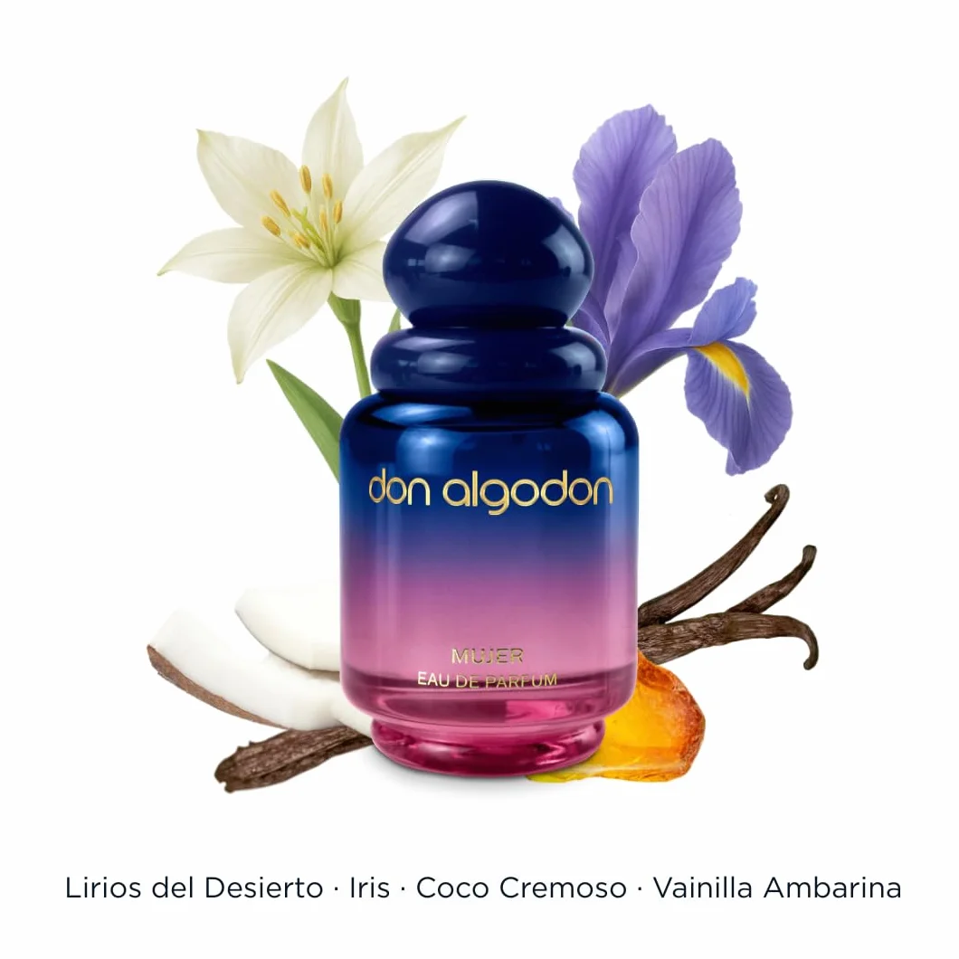 Don Algodón Set Eau de Parfum Mujer 100 ml + 30 ml Perfume floral gourmand con lirios del desierto, coco e iris