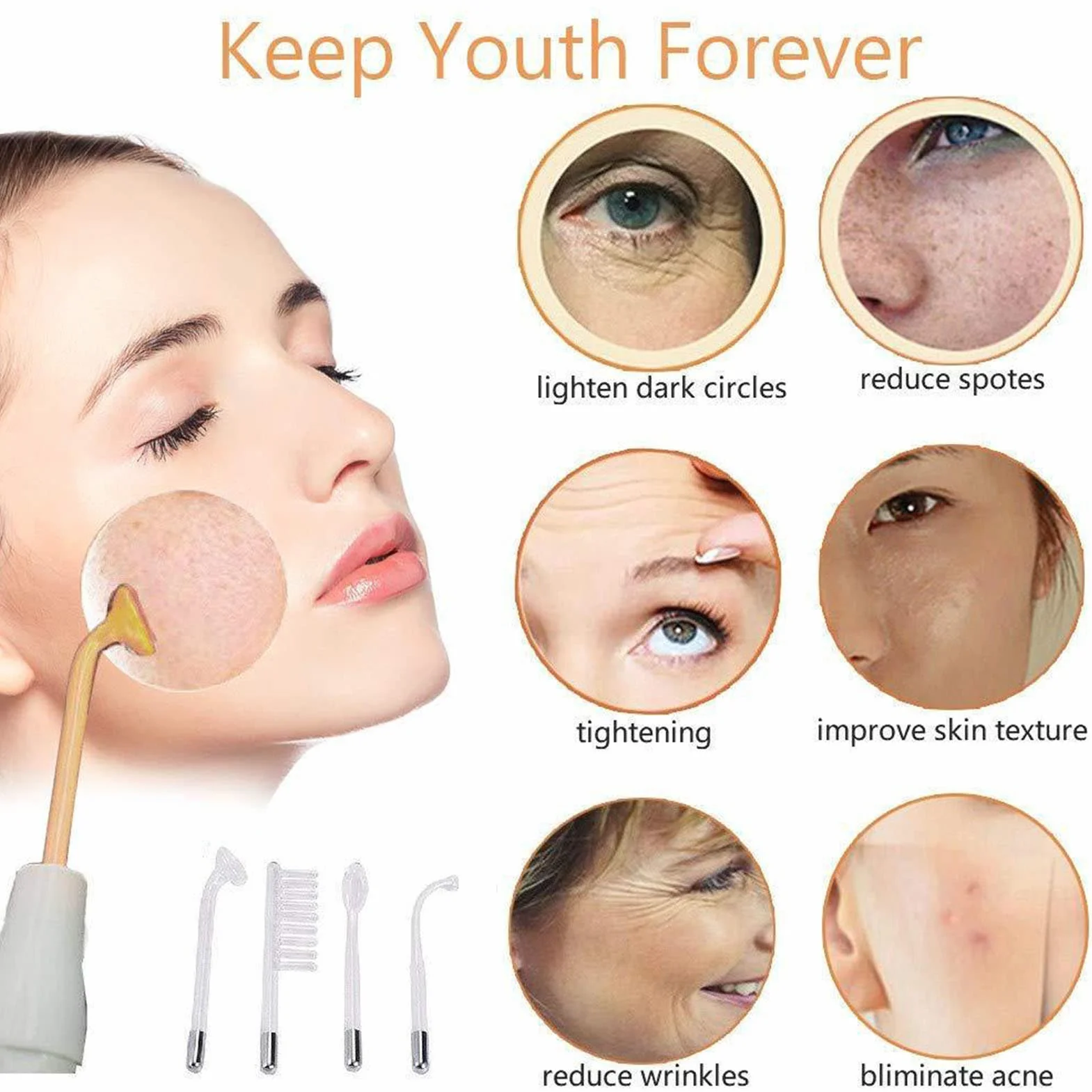 Fyearfly Máquina facial portátil de alta frecuencia con 4 tubos de peine, eliminador de ácaros, tratamiento del acné, cuidado facial, negro, metal, cristal