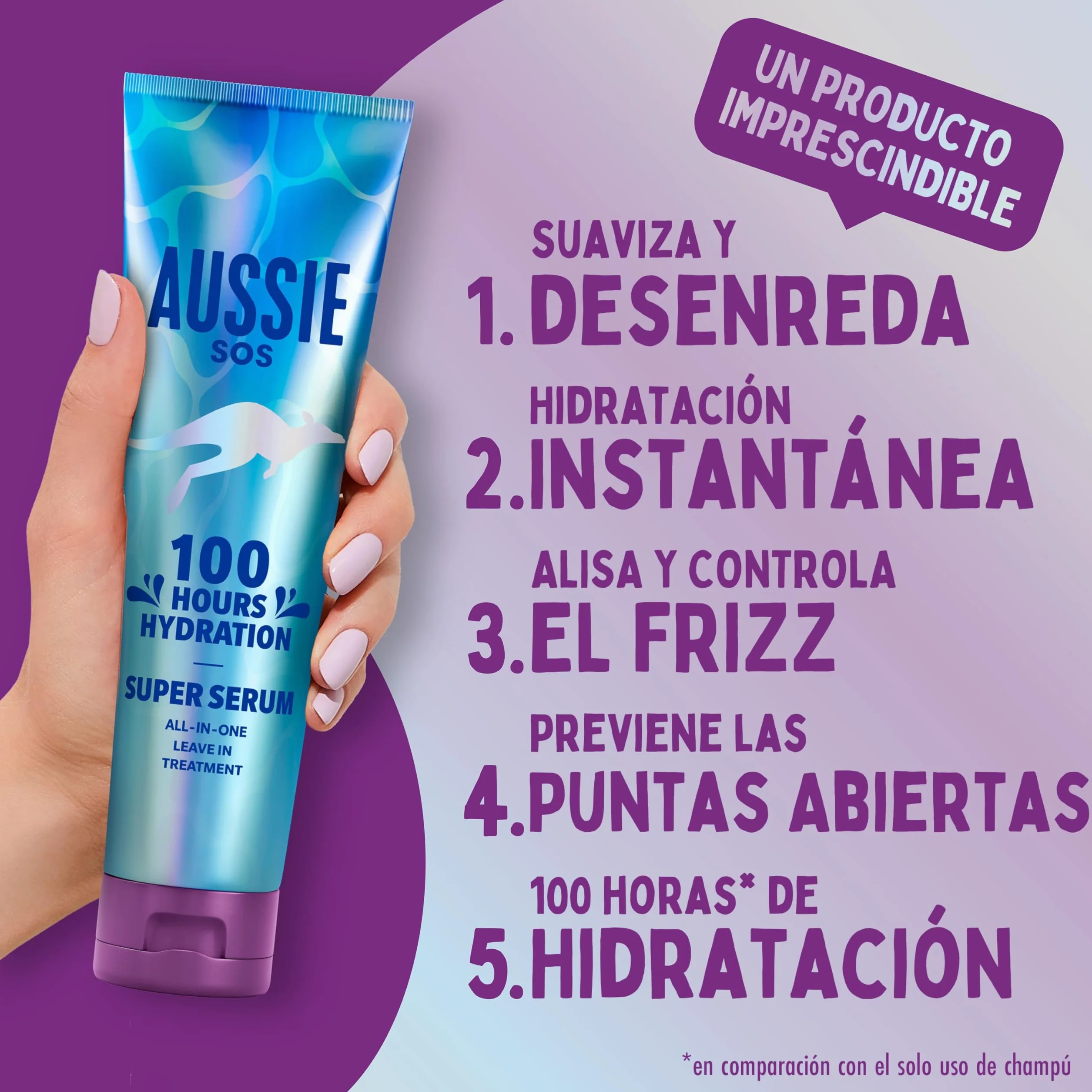 Aussie SOS Super Serum All In One Tratamiento Leave-In 160ml, 100Horas De Hidratación Para Pelo Seco Y Estresado. Hidrata Y Desenreda Al Instante. Previene Las Puntas Abiertas Y Aumenta El Brillo
