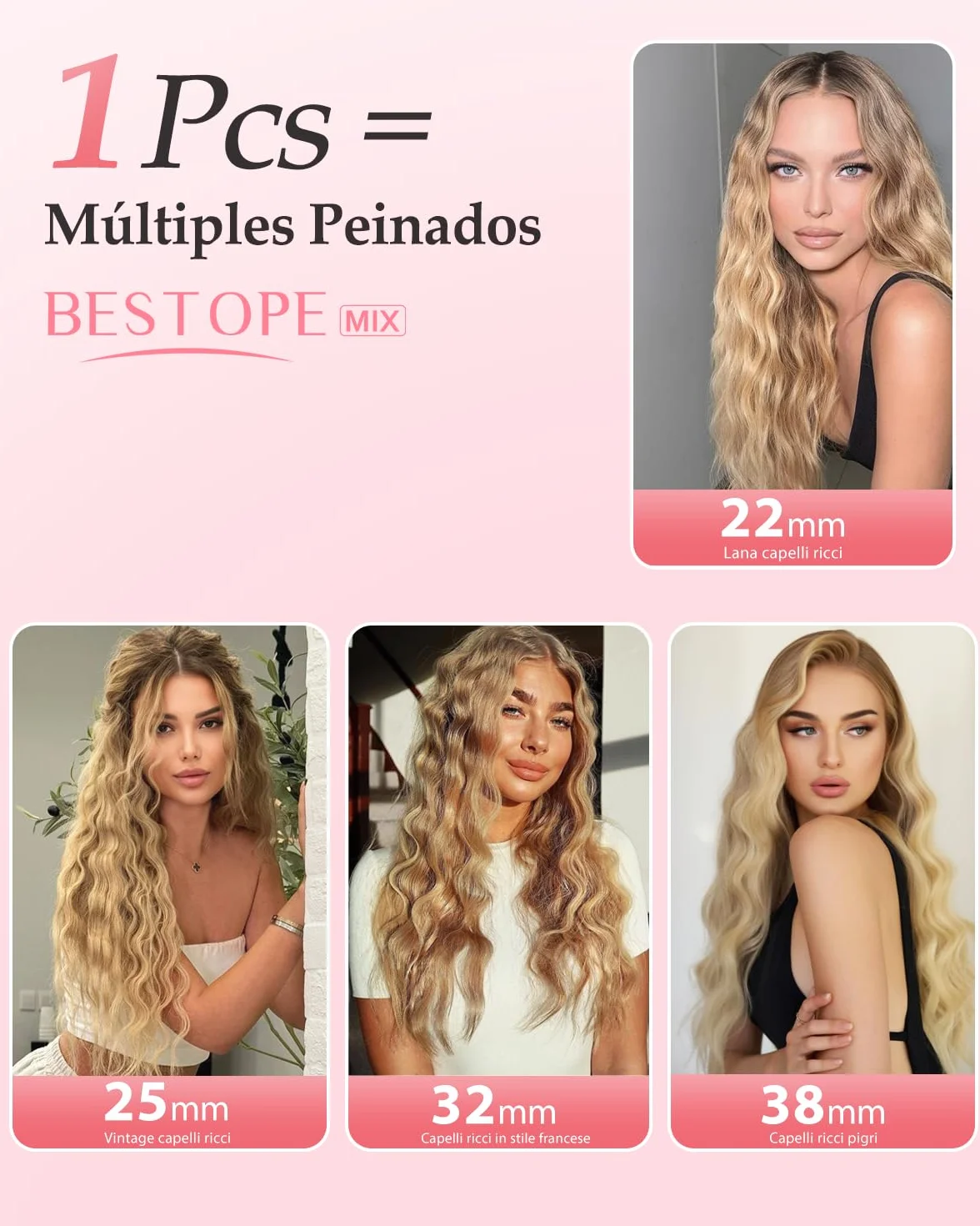 4 In 1 Ajustable Rizador Pelo Ondas - 22/25/32/38mm Plancha Pelo Ondas 3 Barriles Ondulador de Pelo Iónico, Anti-escaldamiento, Pantalla Digital, 4 Temperatura(140°C-210°C), Oro Rosa