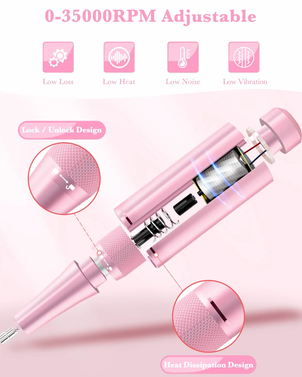 Torno para Uñas Profesional 35000 RPM, Lima Eléctrica Inalámbrica Recargable para Uñas de Gel y Acrílico, Pantalla LCD, Kit de Manicura y Pedicura con 7 Brocas y 56 Bandas, Rosa-Azul