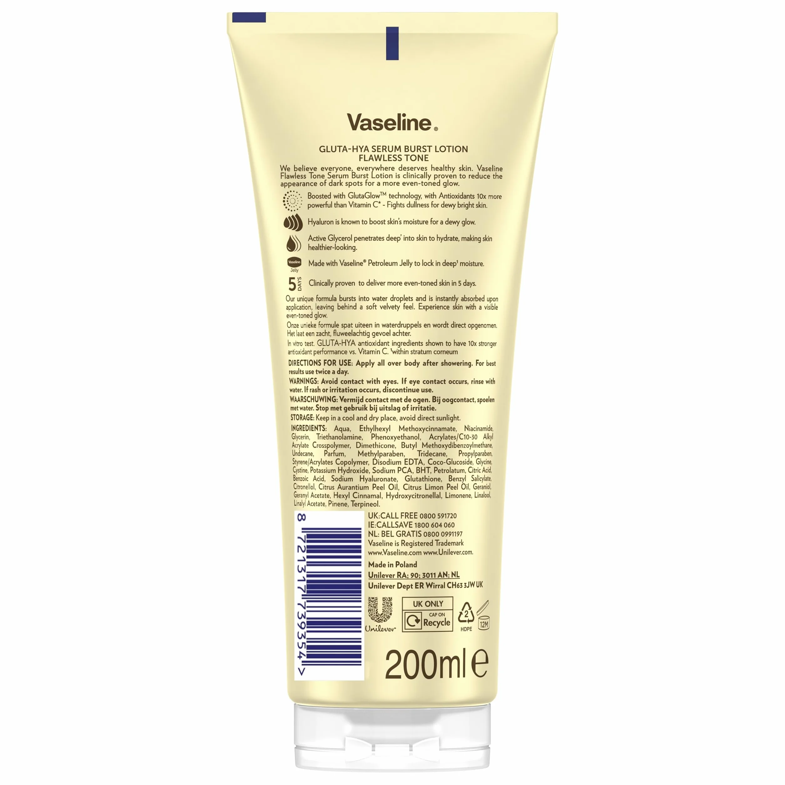 Vaseline Gluta-HYA Sérum Corporal Flawless Tone 200ml con Ácido Hialurónico y Glicerol