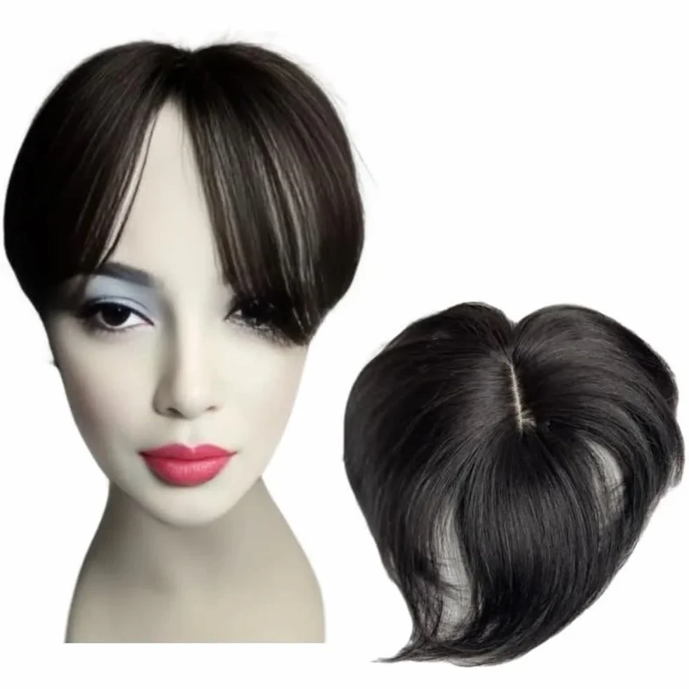 Extensiones de cabello humano natural de 8x10 cm for mujer, con clips finos y encaje suizo for cubrir la calvicie o las canas. 15 cm para mujeres encantadoras(Natural Black)