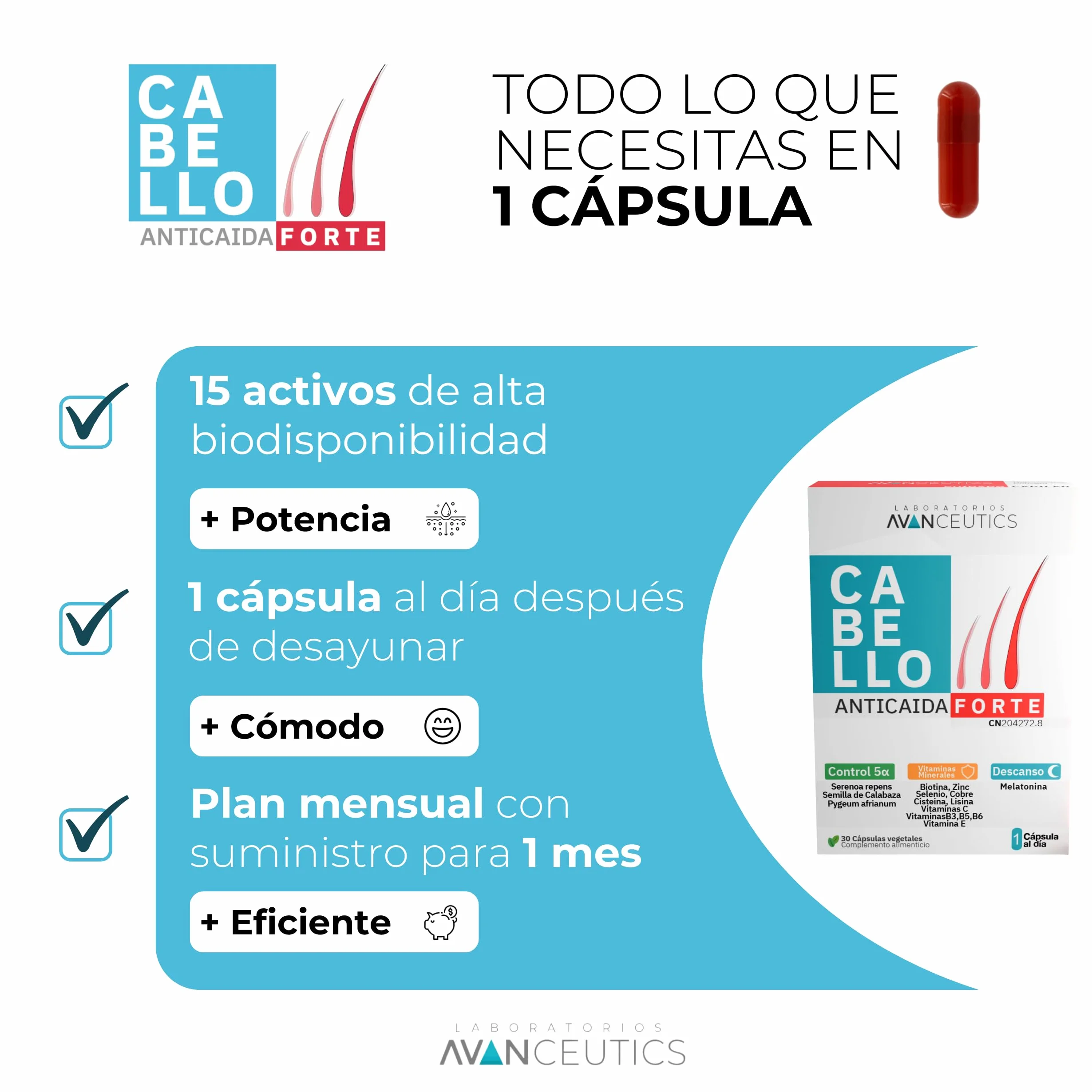 Vitaminas para el Cabello Anticaída con Biotina, Serenoa Repens y Melatonina | 15 Activos Naturales para el Crecimiento del Pelo Mujer y Hombre| Pack 3 Meses 90 cápsulas veganas | Avanceutics