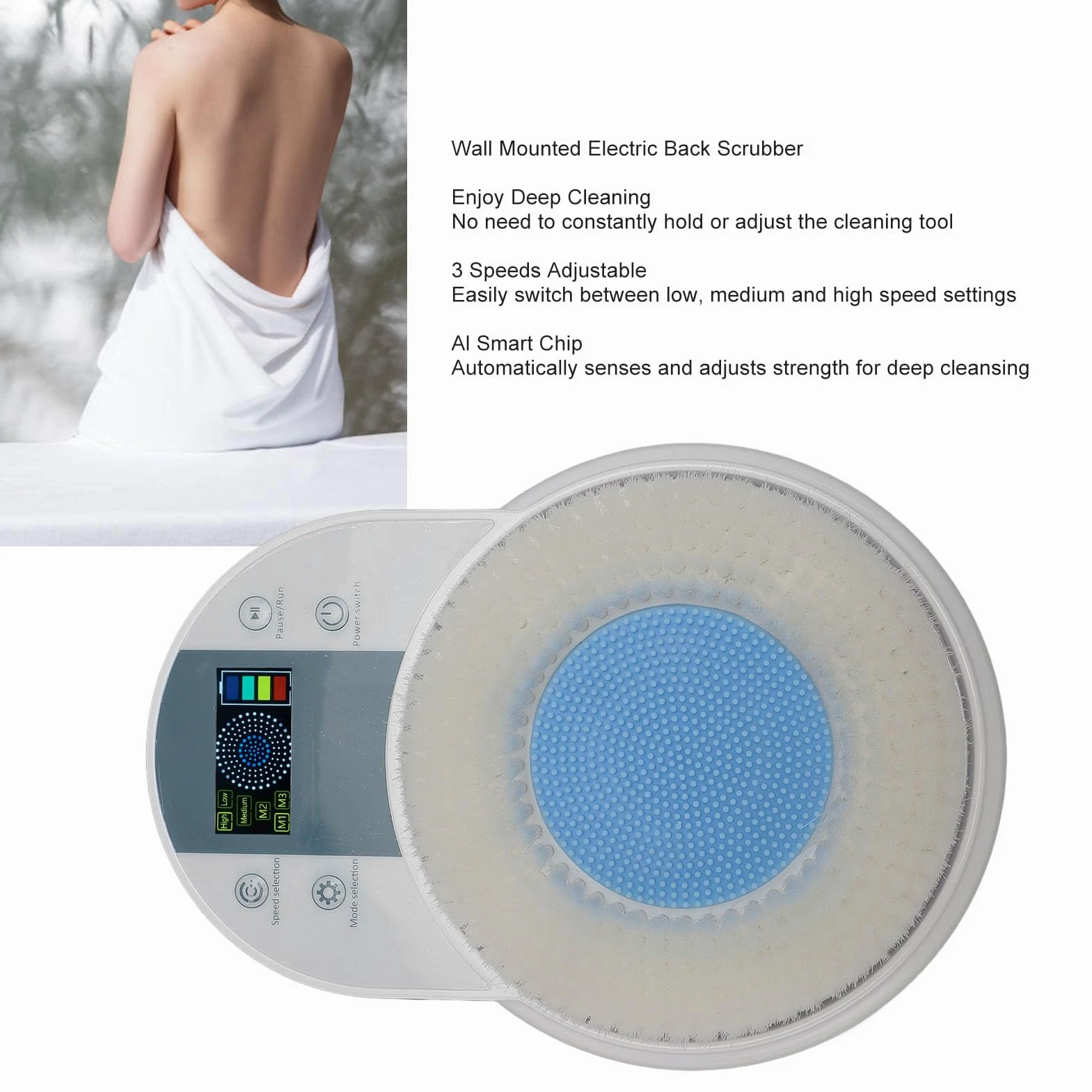 Depurador de Espalda Montado en la Pared, Cepillo de Baño Corporal Eléctrico con Apagado Automático, Cepillo de Ducha para la Piel del Cuerpo con Ajuste de 3 Velocidades para