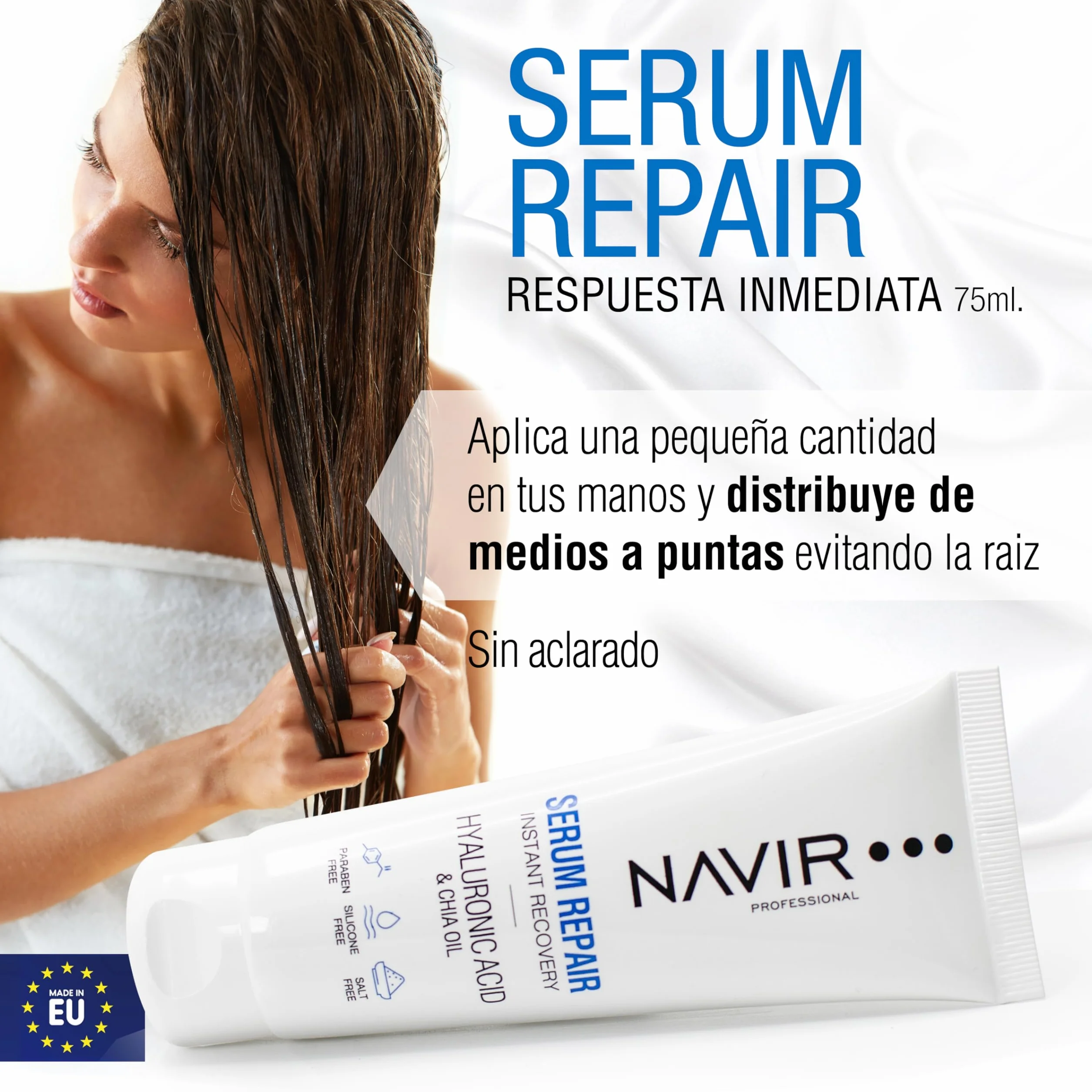NAVIR Profesional | Sérum pelo seco y dañado con Ácido Hialurónico, Keratina y Aceite de Chía – Anti Frizz e hidratación profunda – Tratamiento hidratante cabello – Sin sulfatos ni parabenos - 75 ml