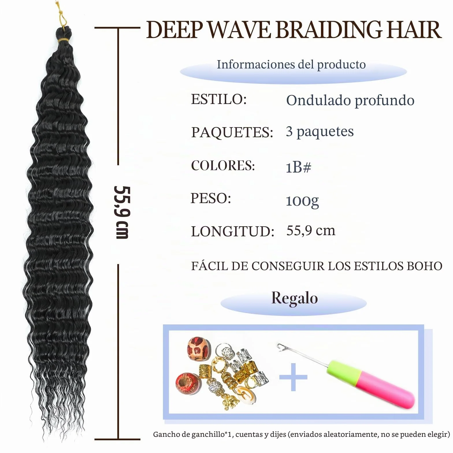Crochet Extensiones de Pelo Onduladas Suaves Sintéticas Trenzadas 1B 22 Pulgadas Pack de 3