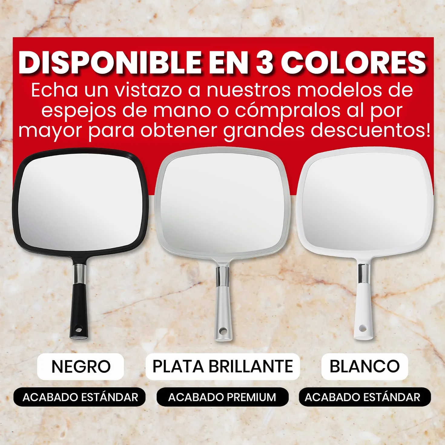 Mirrorvana Espejo de Mano Grande con Mango - Peluquería, Barbería, Maquillaje (Negro)