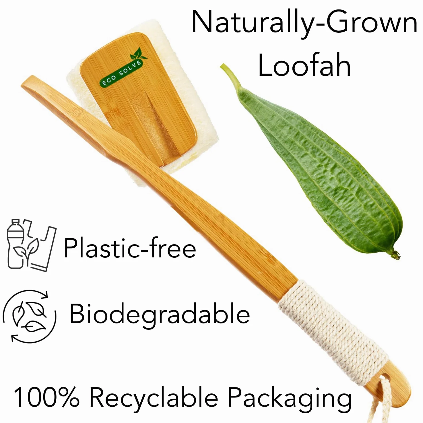 Estropajo de ducha de lufa natural con mango de bambú extraíble, exfoliación suave, mango ergonómico largo con agarre de cuerda de cáñamo, esponja extra incluida para lavado cercano, sin
