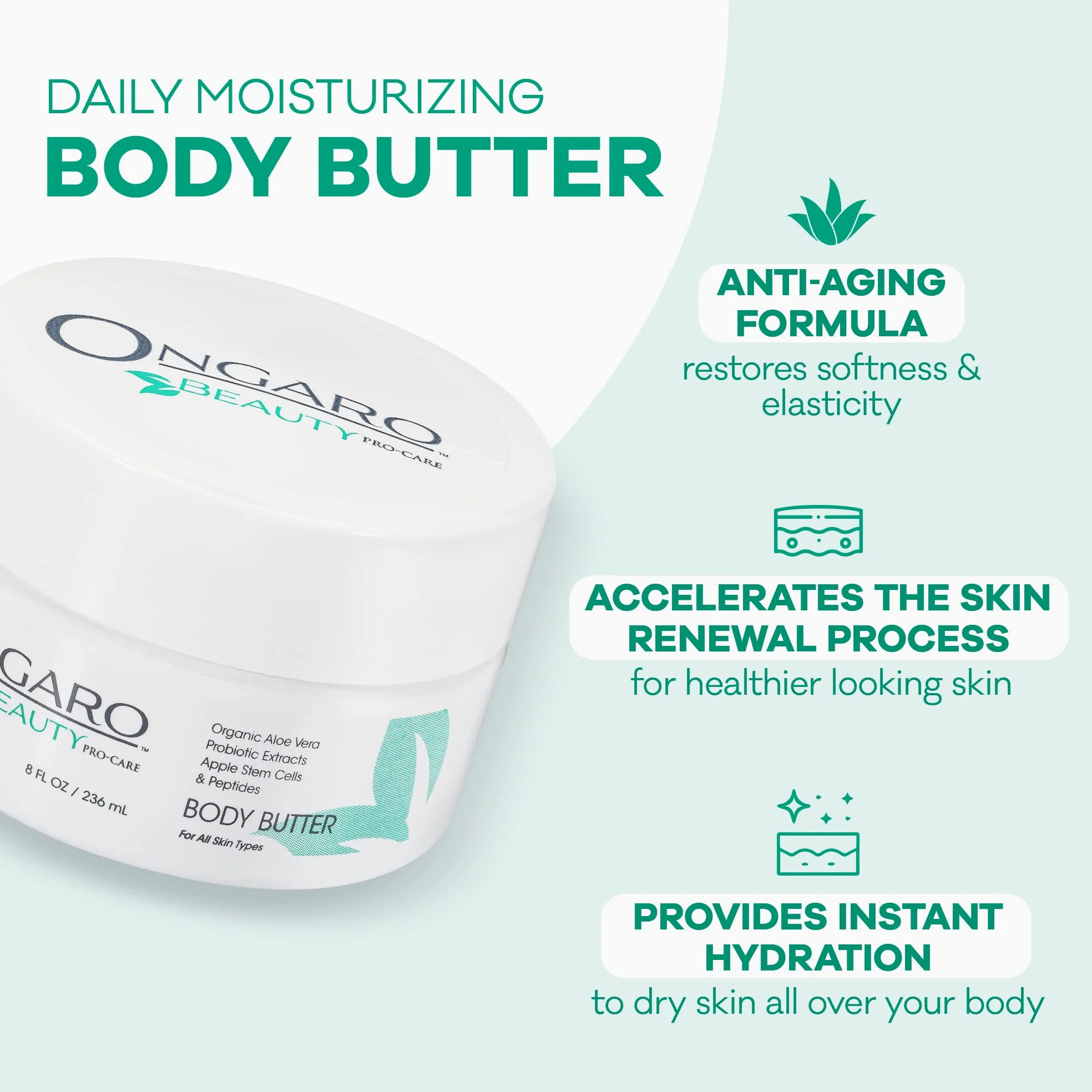 La Manteca Corporal Orgánica de Ongaro Restaura, Suaviza e Hidrata la Piel Seca, Aroma Fresco y Limpio; con Tecnología Probiótica, Aloe Vera, Células Madre de Manzana, Péptidos y Vitamina C y E; 8 oz