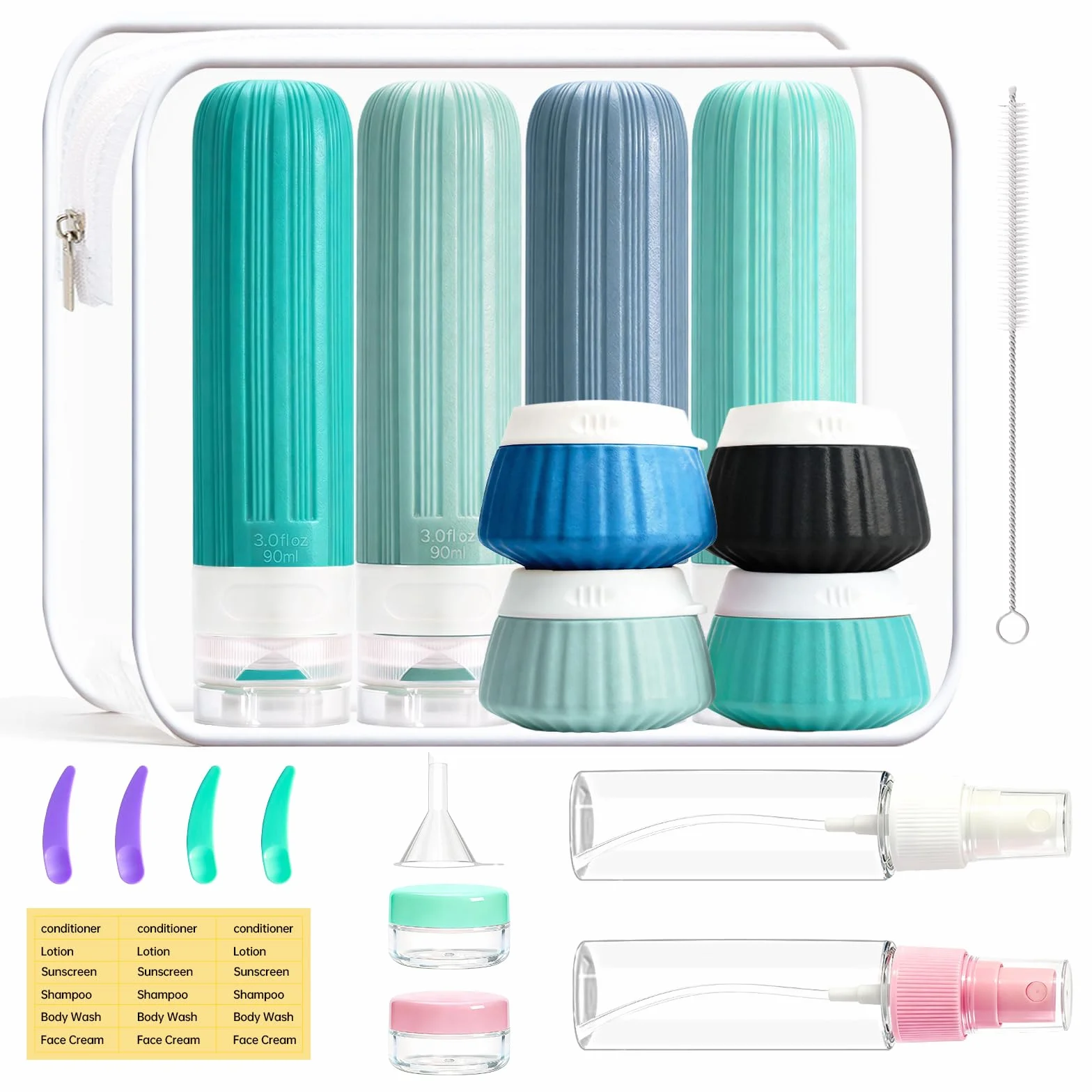 Juego de Botellas de Viaje de Silicona 19 Piezas, Botes Rellenables Compresibles Prueba de Fugas para Avion Champú Loción Acondicionador Gel de Ducha Azul