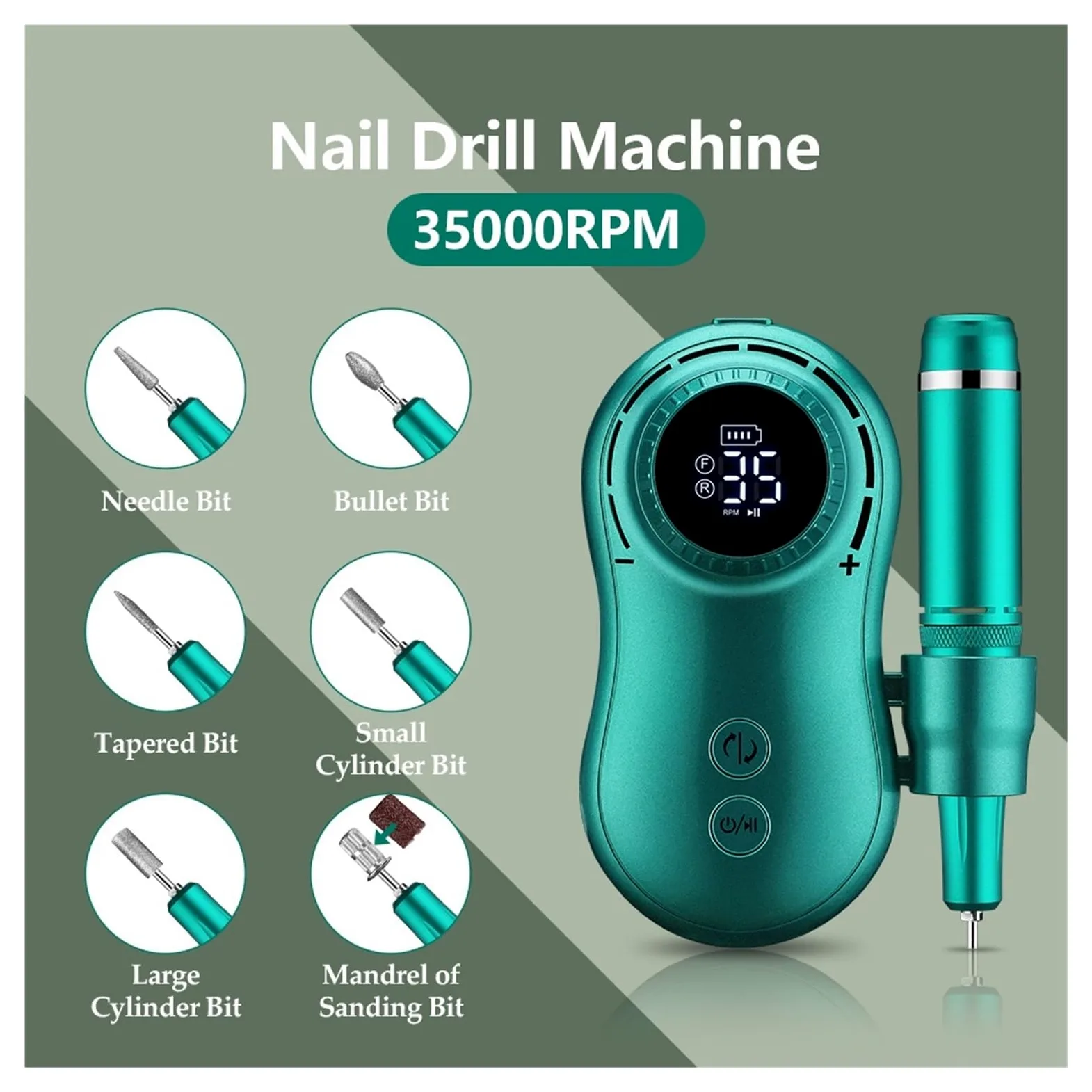 Torno para Uñas, Taladro eléctrico for uñas, juego de fresas de manicura de 35000RPM, lima de pedicura de uñas eléctrica verde Retro for esmalte de Gel