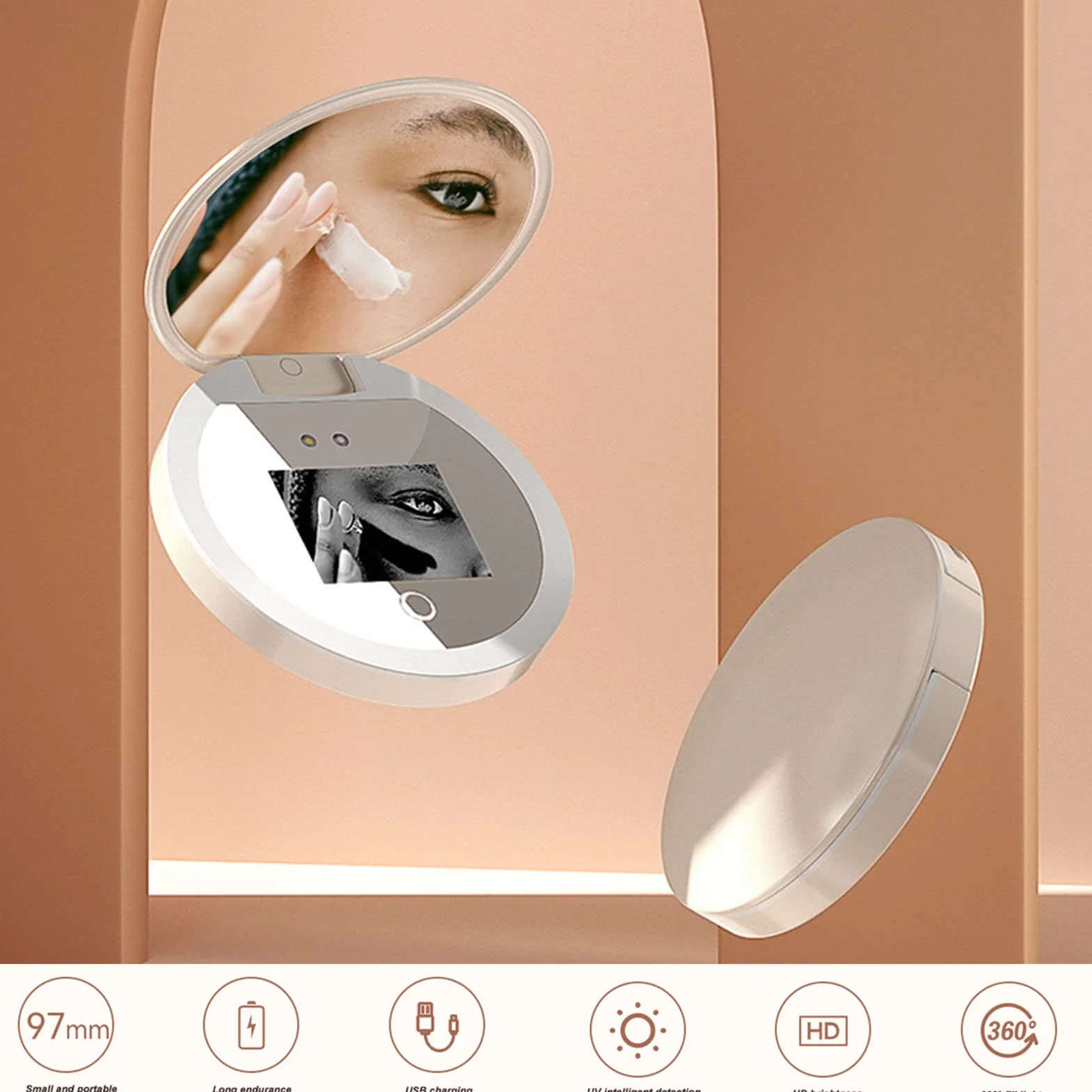 Espejo de Maquillaje LED Viaje con Cámara UV, Aumento 2X, Controles Táctiles y Brillo Ajustable