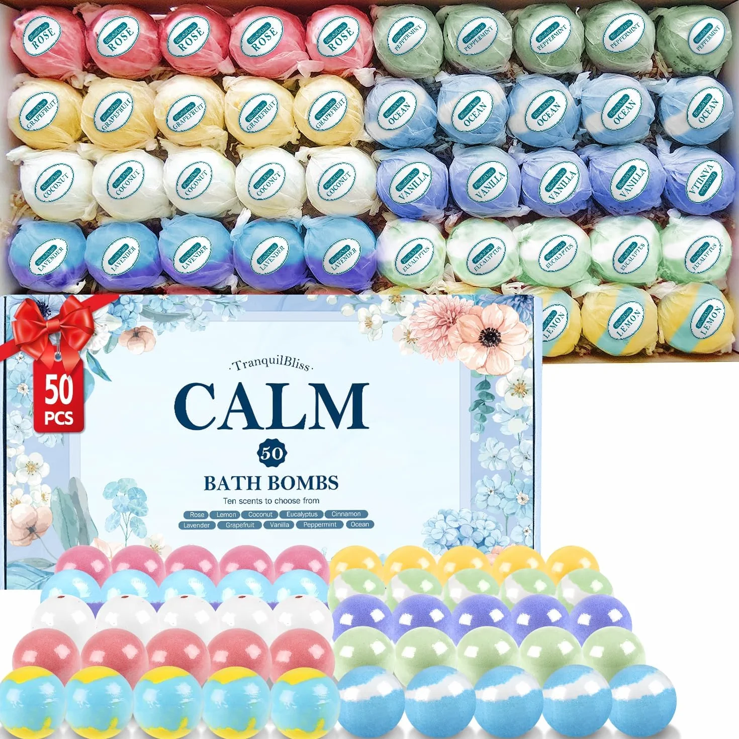 TranquilBliss Bath Bombs Set 50 PCS with 10 Rich Scents, Bath Bombs for Women, Natural Bubble Bombs with Shea Butter & Safe Oil, Ideal for Christmas, Birthday, Valentine's Day Mother's Day Present