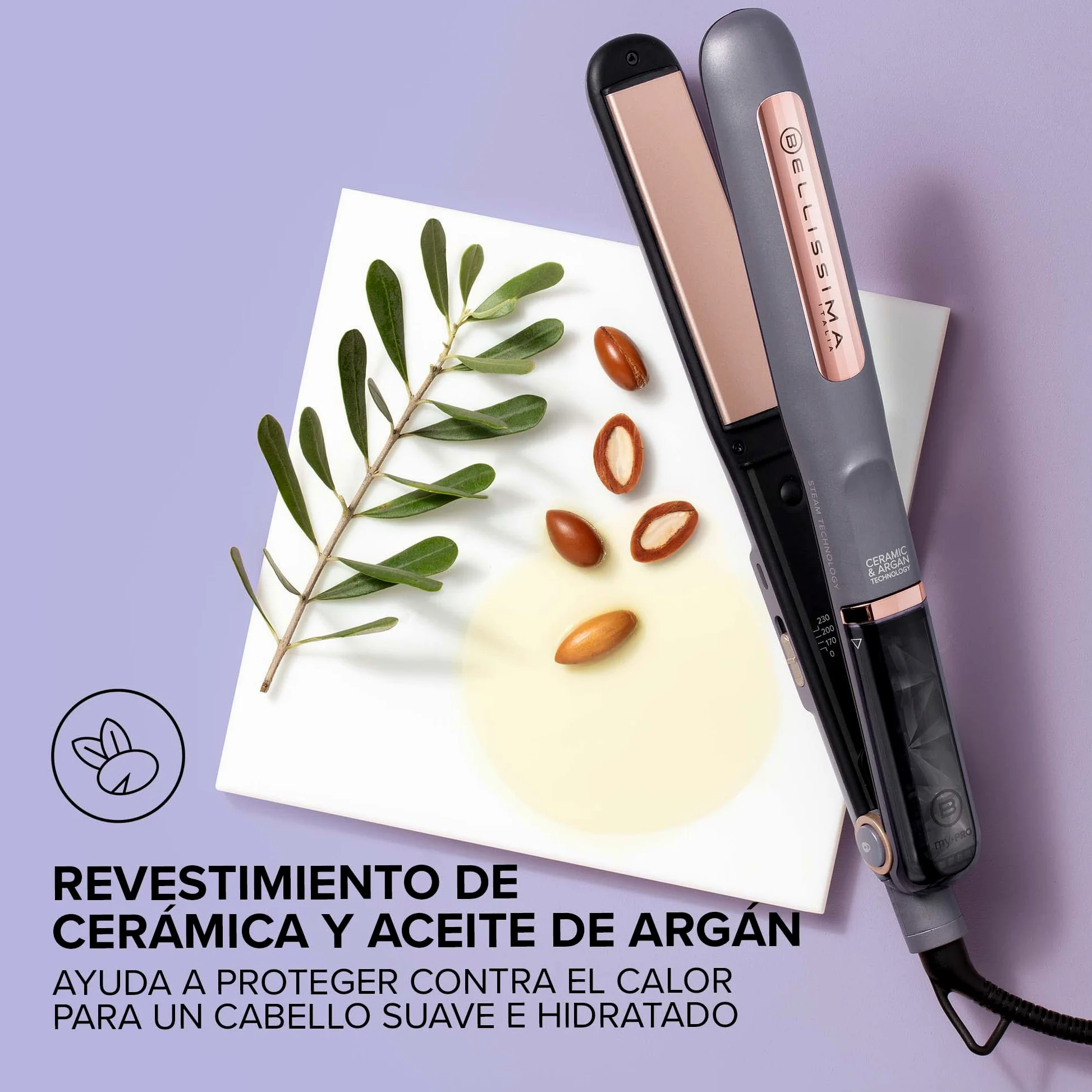 Bellissima Steam Ceramic & Argan Oil Plancha de Vapor, Revestimiento de Cerámica y Aceite de Argán, 3 Niveles, Calentamiento Rápido, Placas Básculantes, Apagado Automático