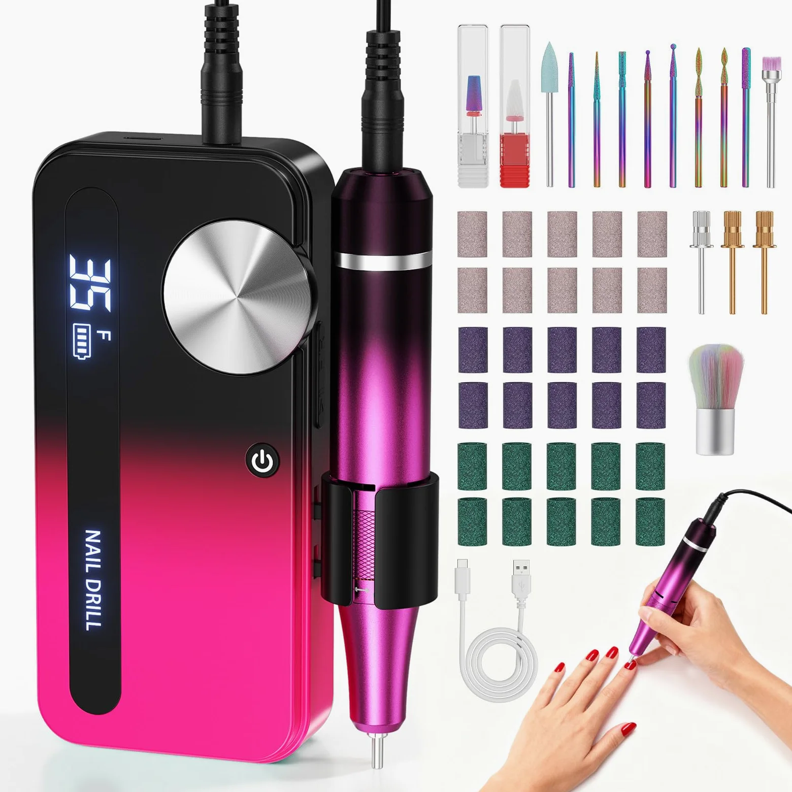Taladro de uñas eléctrico con 12 accesorios de pulido y 30 bandas de lija, 0-35.000 rpm, set de manicura/pedicura para manicura y pedicura para cortar, limarlas, dar forma, cuidar las uñas y la