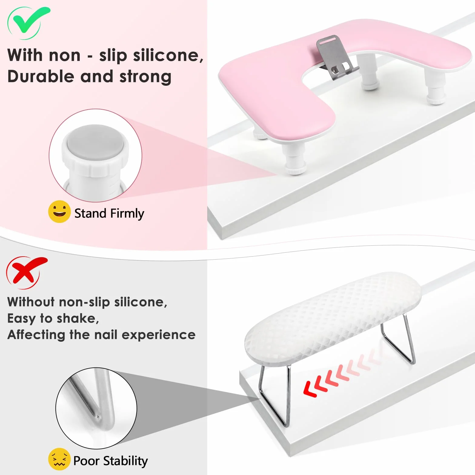 Reposabrazos para uñas para la mano: cojín de mano ajustable con altura y soporte para teléfono giratorio de 360° – Reposabrazos para uñas de cuero PU rosa para uso en salón de uñas y en casa