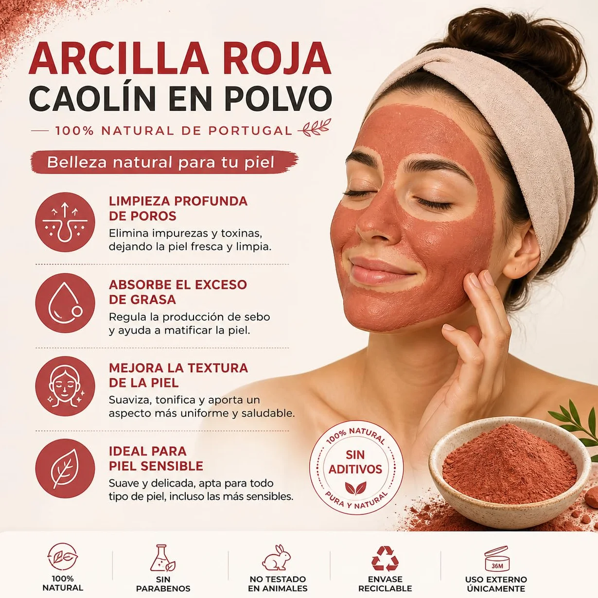 Arcilla Roja Cosmética en Polvo 100% Natural Portugal – Cuidado Facial y Corporal, Jabones DIY – 100 g