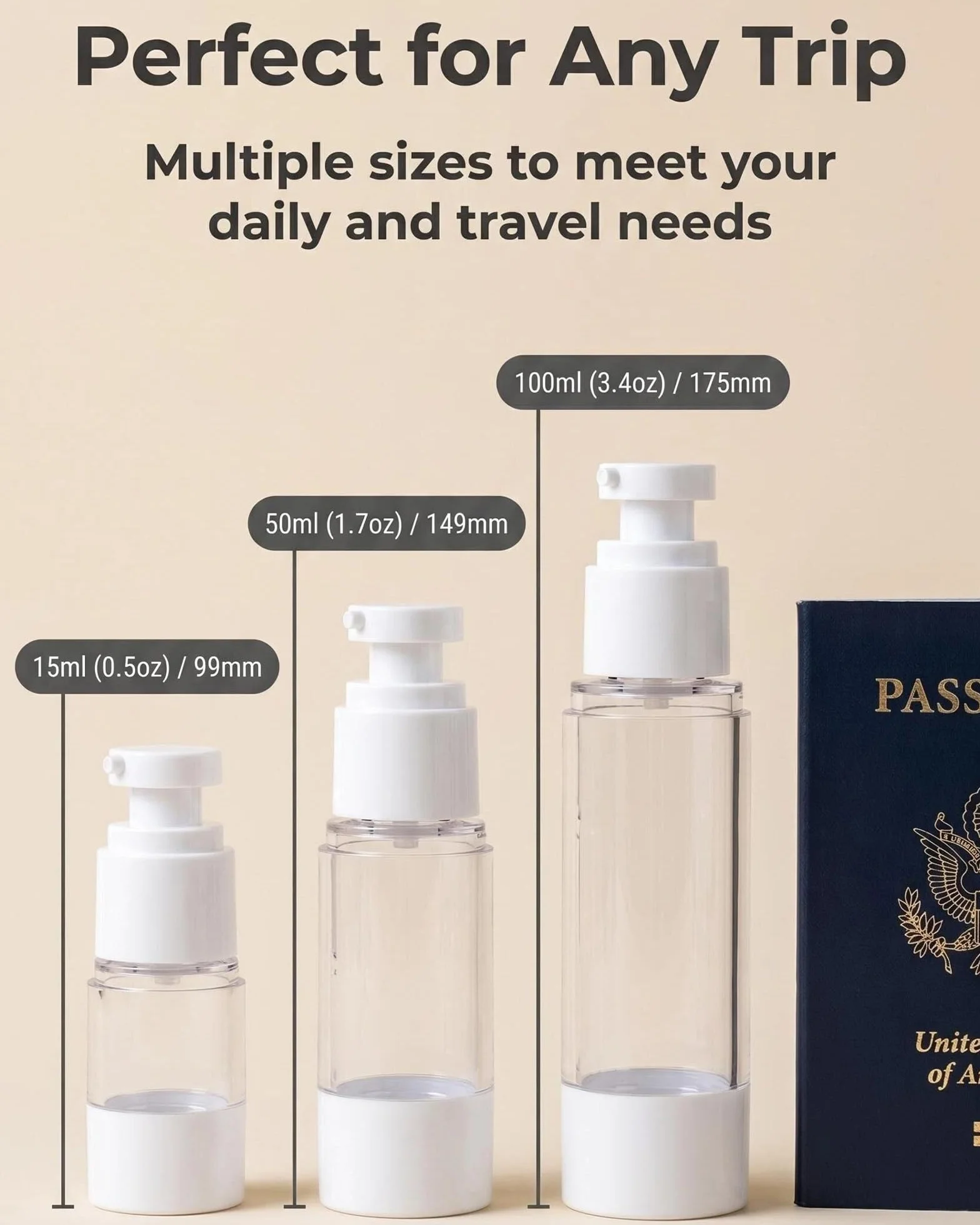 Lammcou bote spray viaje mini 3 uds, botella airless con bomba cosmética antifugas recargable 50ml