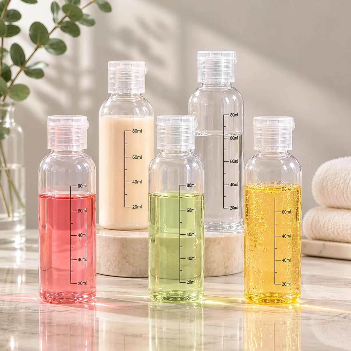 Botes Viaje Rellenables 100ml 5 PACK, Botellas de Viaje Avion Plastico, Botellas Transparentes para Gel Champú Loción