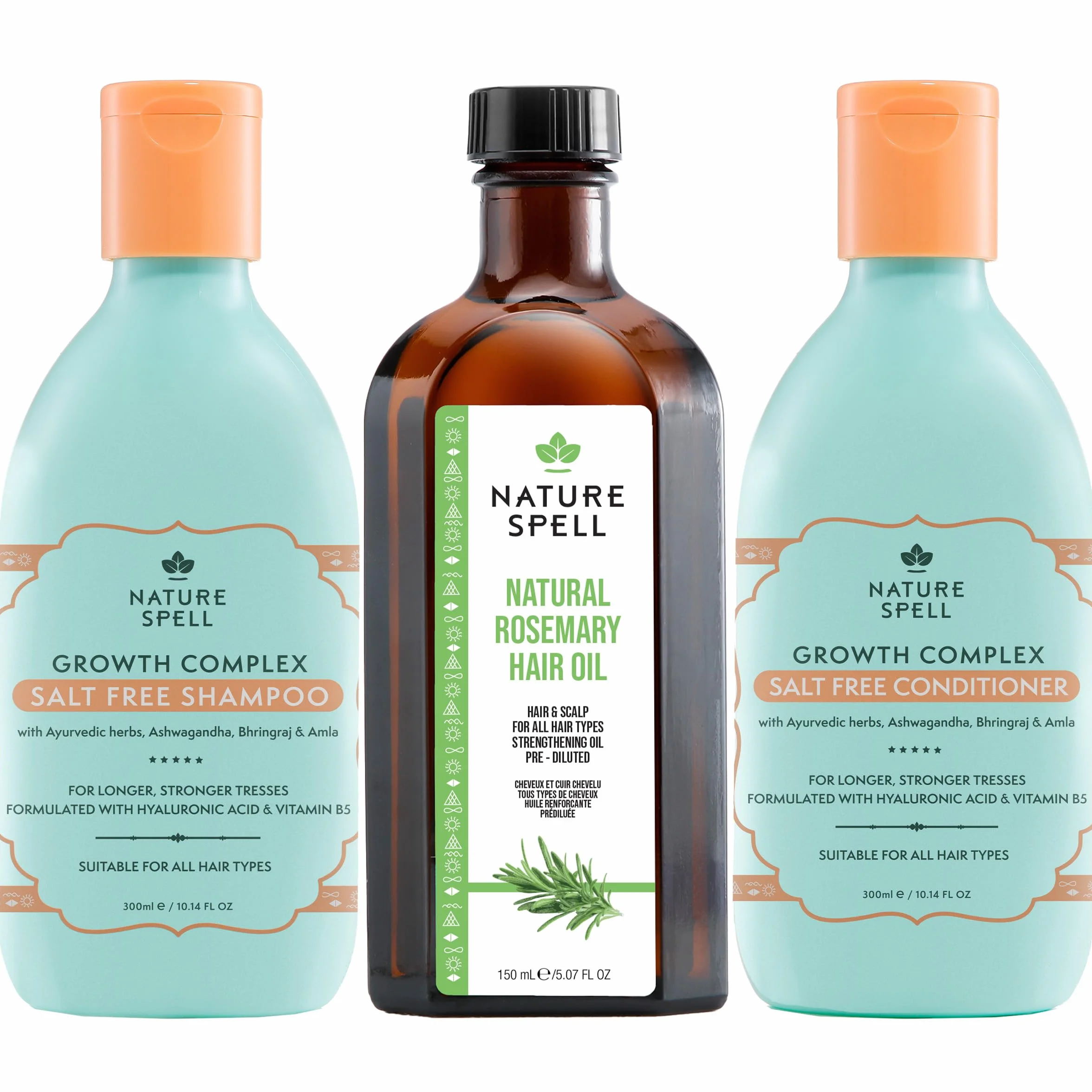 Nature Spell Hair Growth Trio, aceite de romero prediluido para cabello y cuero cabelludo, champú y acondicionador sin sulfatos