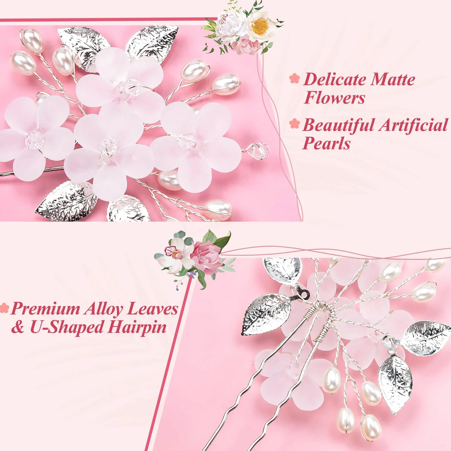 MELLIEX 5 Piezas Horquillas para el Pelo Boda Perlas Artificiales Flor Tocados Novia Accesorios Plata