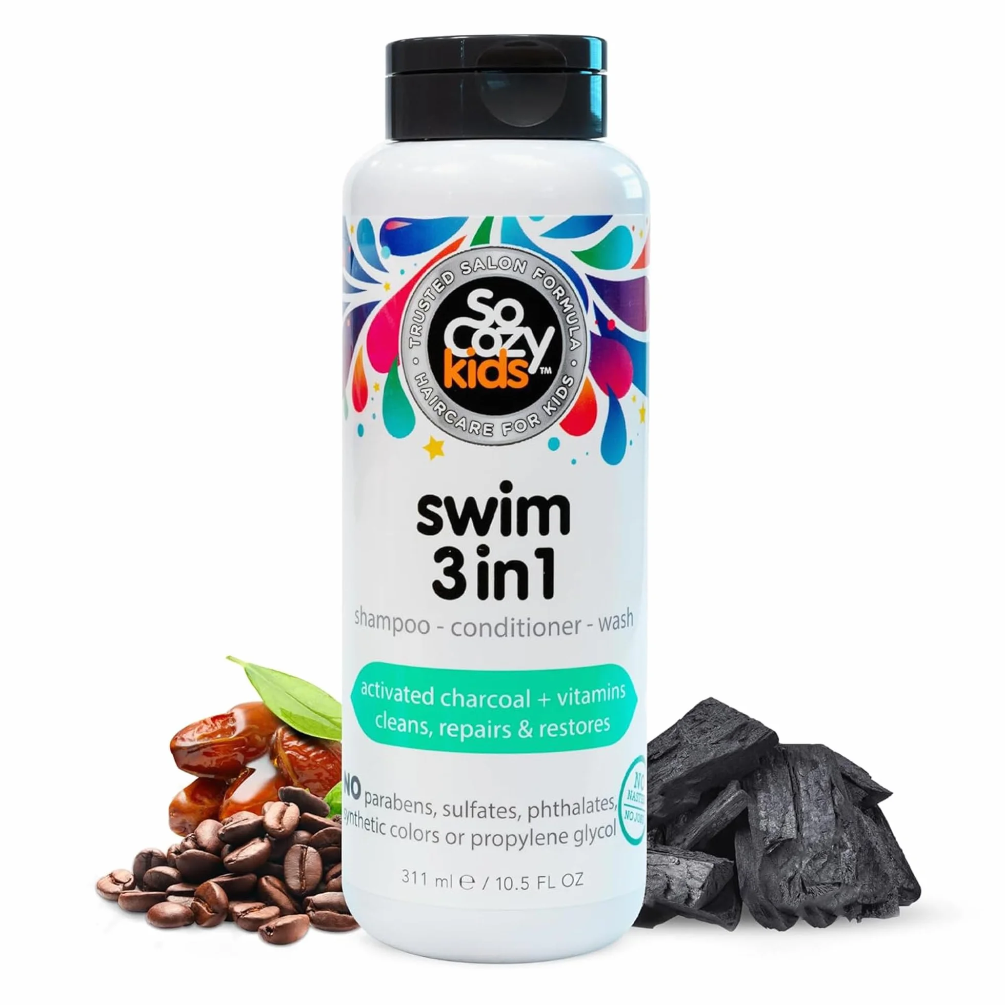 SoCozy Kids Swim 3 en 1 Champú, acondicionador y lavado corporal con carbón activado