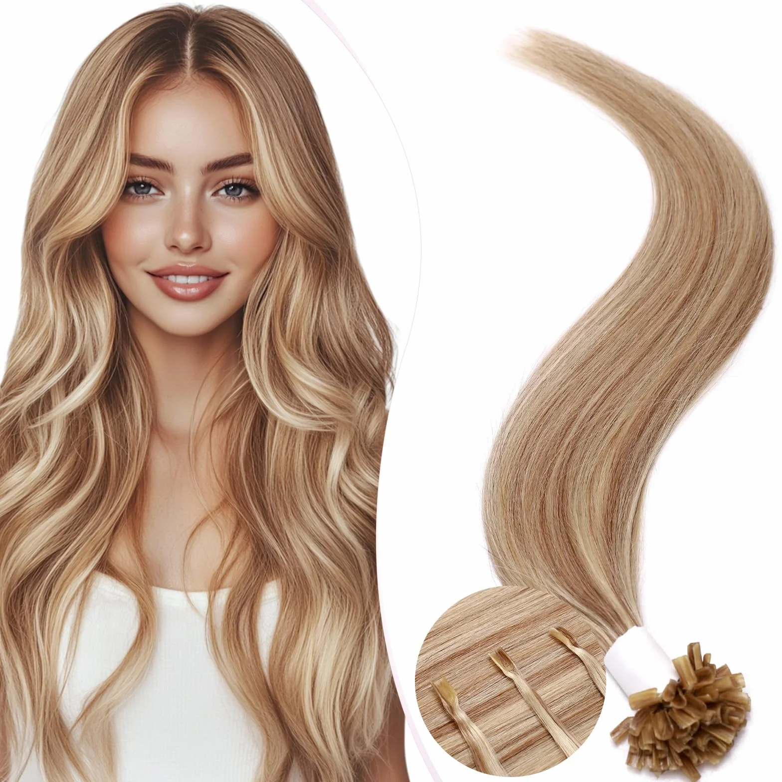 Elailite Extensiones Queratina Pelo Natural sin Clip Ash Rubio Mecha Rubio Muy Claro, 25 Mechas 25g U Tip Keratin Cabello Humano 40cm