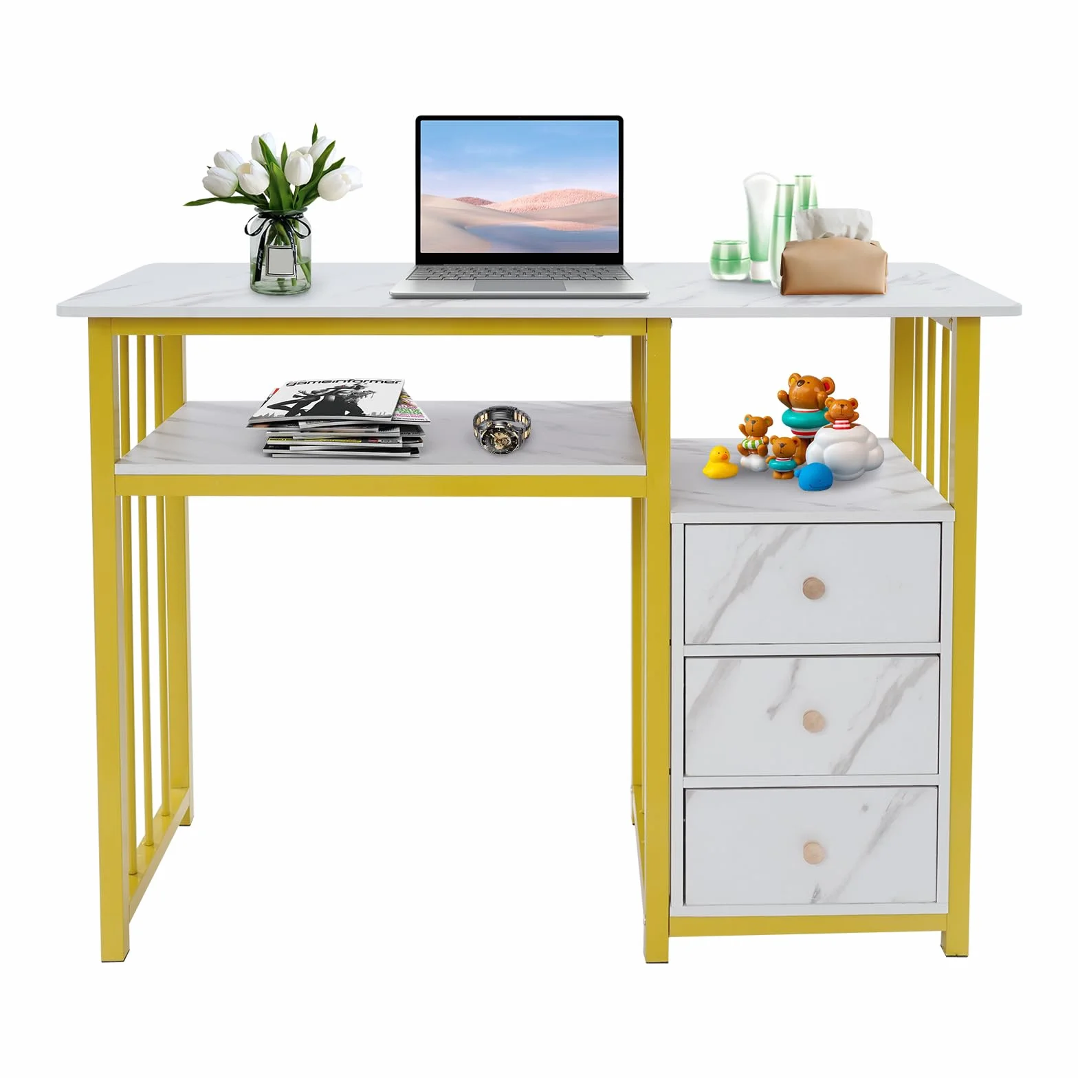 Escritorio de manicura, 3 cajones, mesa de manicura, mesa de manicura, textura de mármol, para Nail Tech y salón de belleza, 100 x 40 x 76 cm