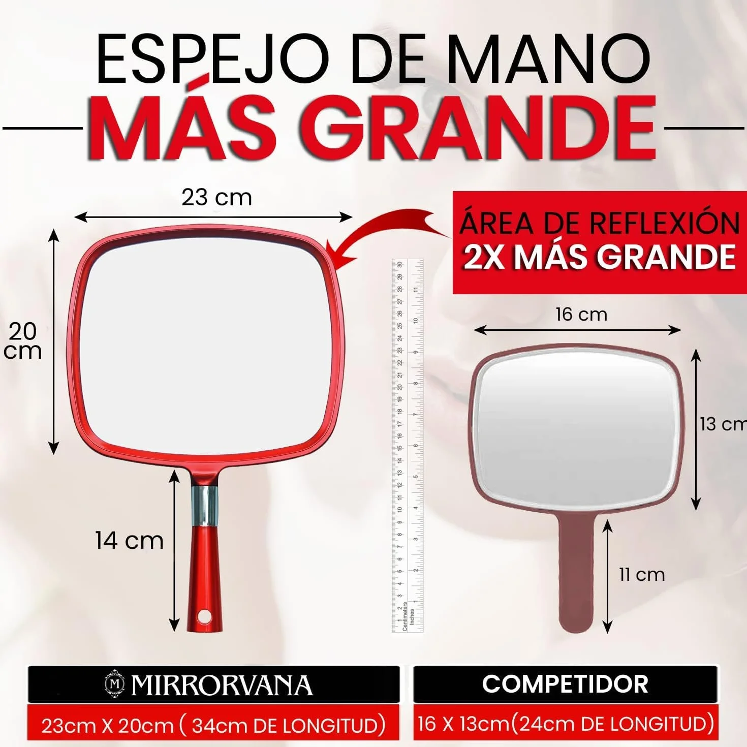 Mirrorvana Espejo de Mano Grande con Asa Modelo Barbero 1 Unidad Rojo