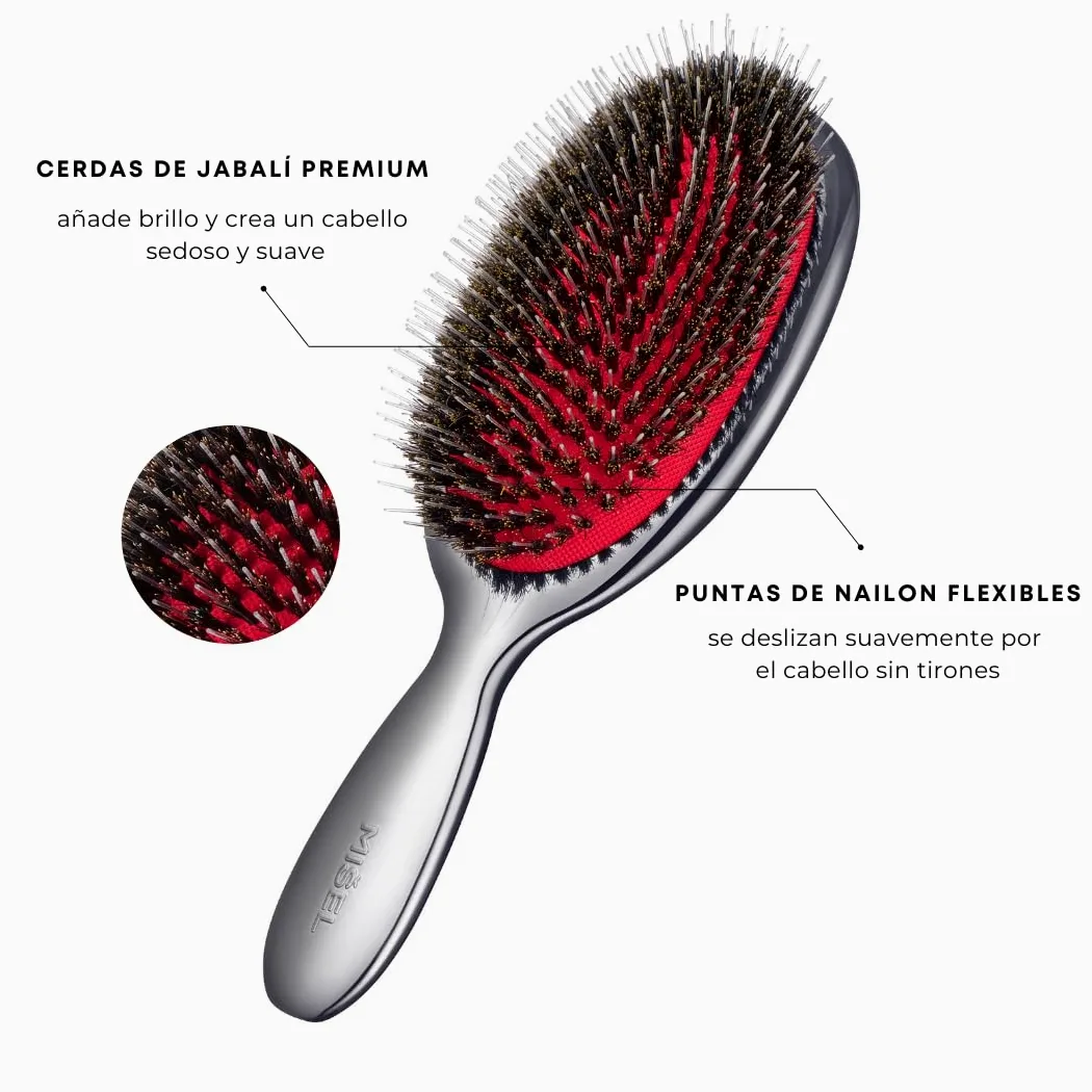 MISEL Cepillo Profesional de Cerdas de Jabalí para Mujeres y Hombres | Desenreda Todo Tipo de Cabello Natural y Extensiones | Reduce la Rotura | Aprobado por Salones | Grande