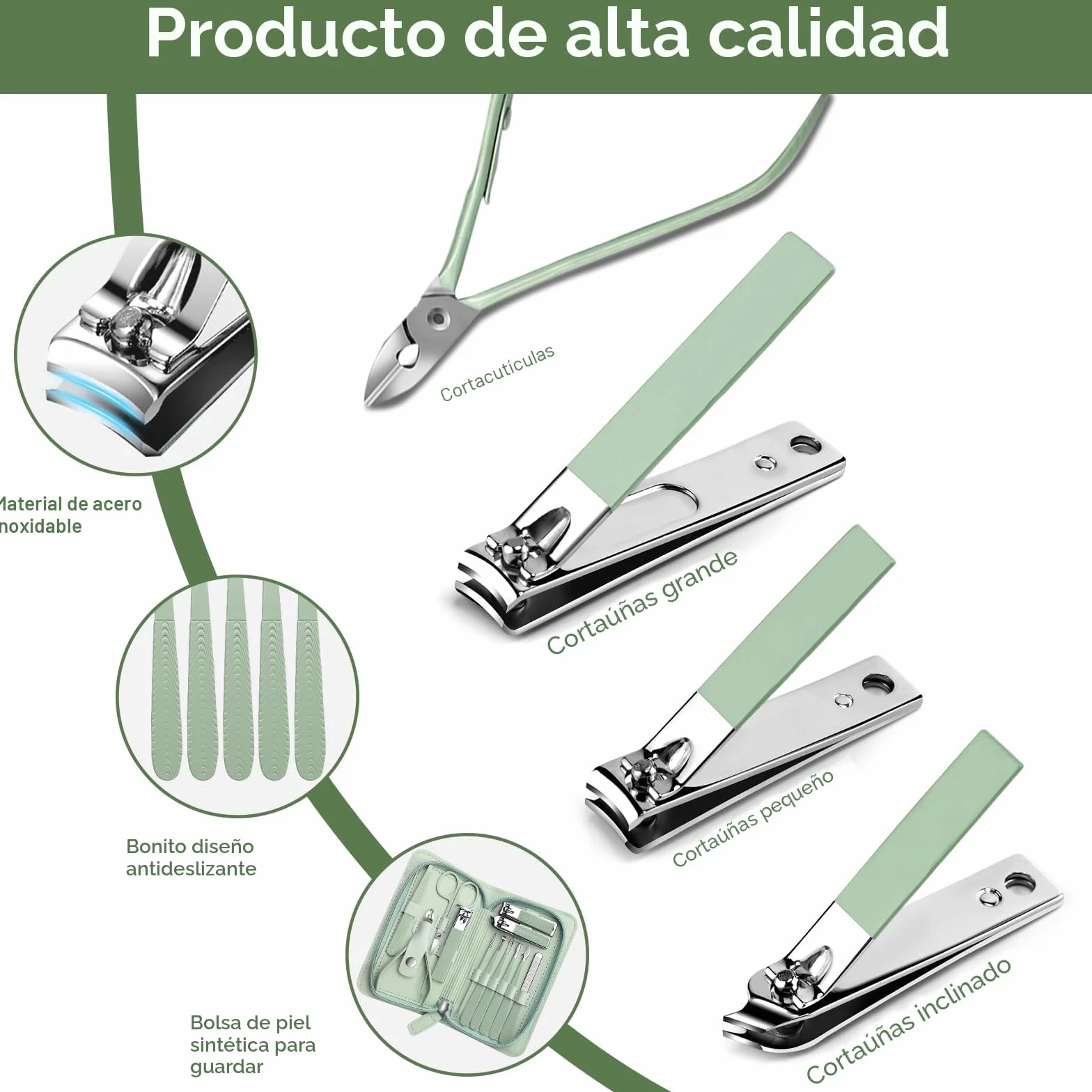 Kit de Manicura y Pedicura Profesional 12 Piezas, Acero Inoxidable con Estuche de Viaje
