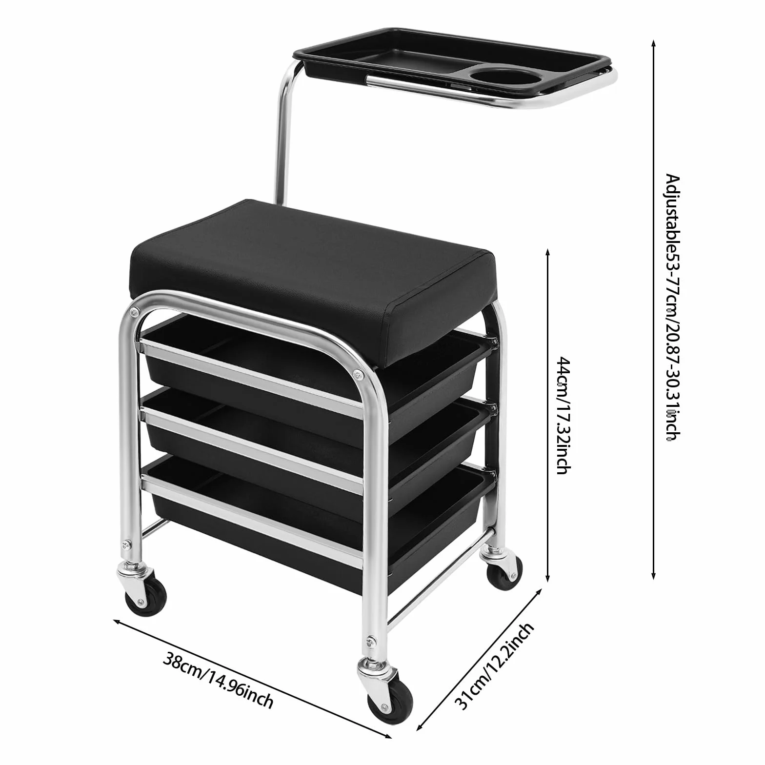Carrito de peluquería 3 niveles altura ajustable 53-77 cm 4 ruedas negro
