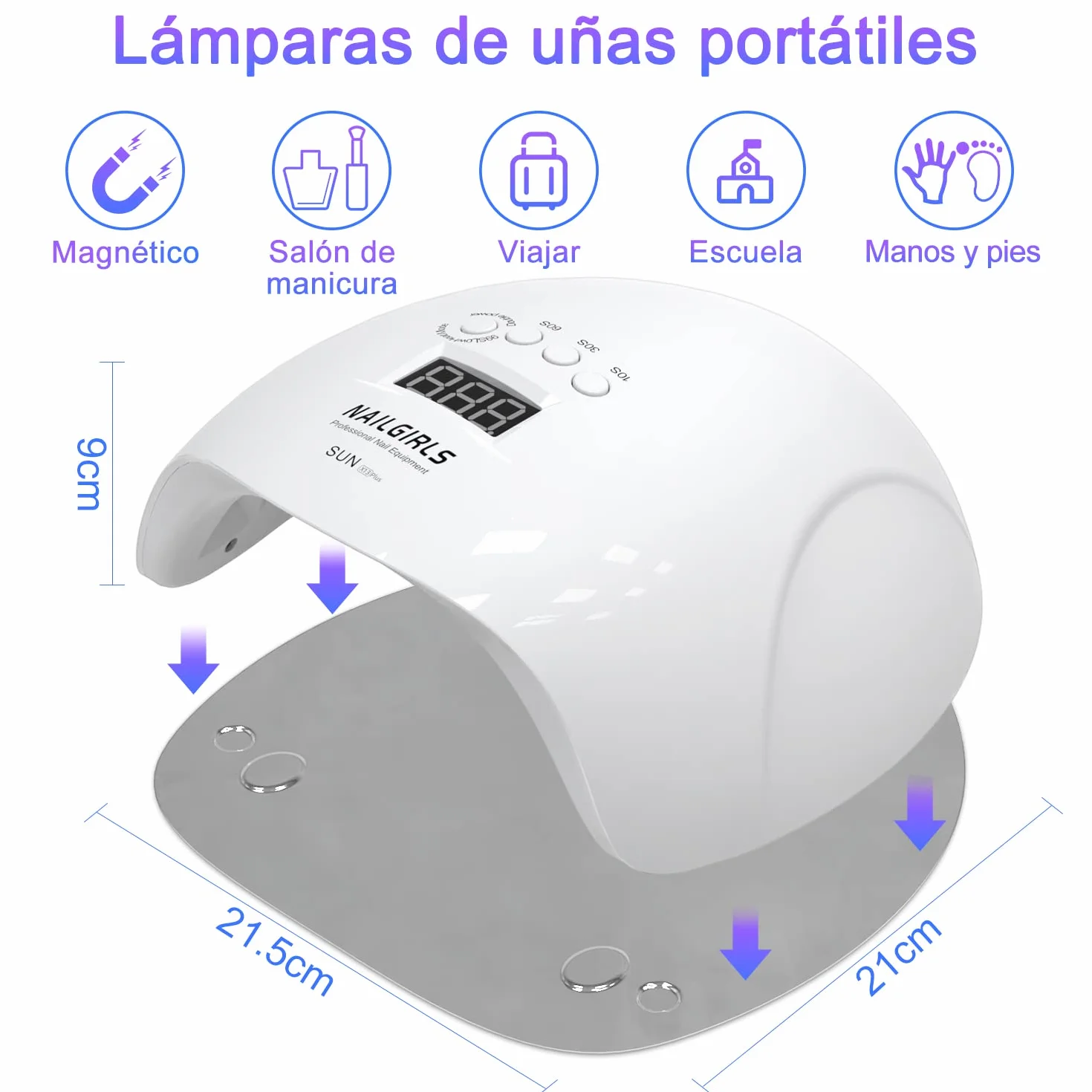 NAILGIRLS Lámpara Uñas LED UV 150W 4 Temporizadores Secador Profesional Pantalla LCD Placa Magnética Extraíble