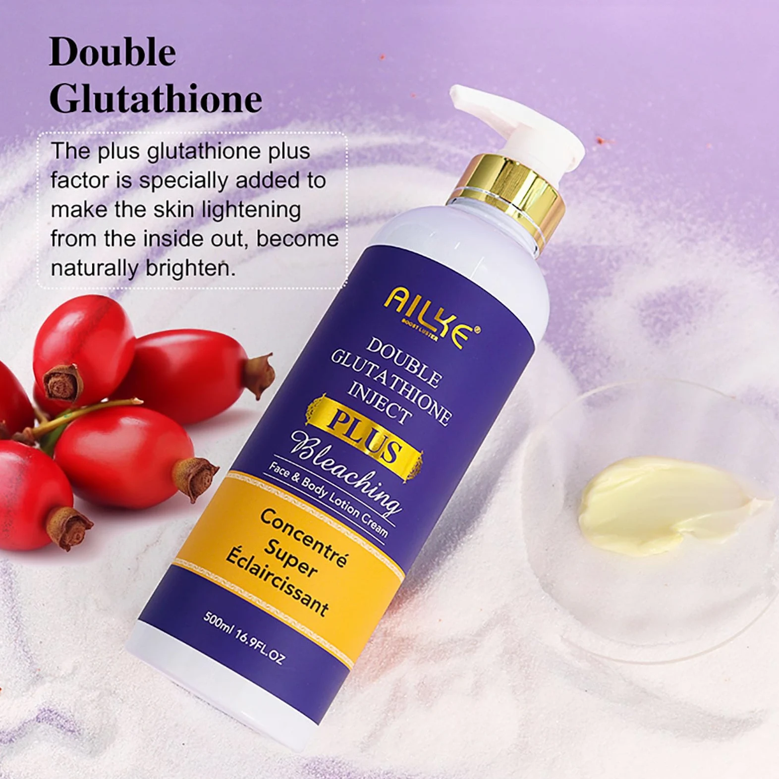 AILKE Double Glutathione Plus Loción corporal blanqueadora, blanquea, reduce las manchas oscuras y las manchas, hidratante profunda, crema corporal suave y limpia para la piel, 500 ml (3 botellas)