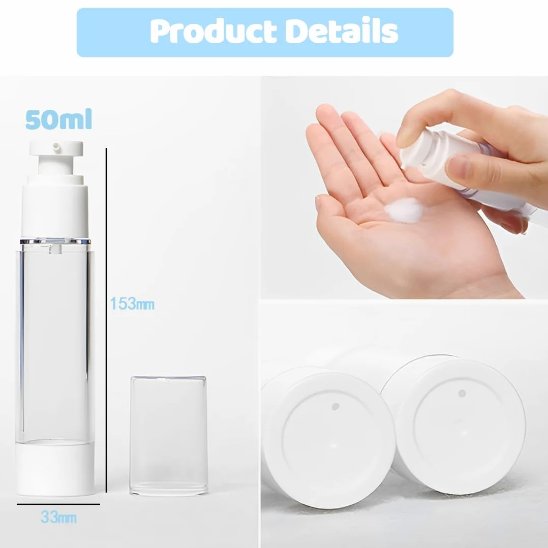 4 Pcs 50ml Bote Airless Dispensador de Bomba, Travel Bottles, Contenedor de Bomba de Cosmético, Botella Vacía de Viaje, Botella de Presión de Vacío, para Loción Crema Facial Crema de Manos